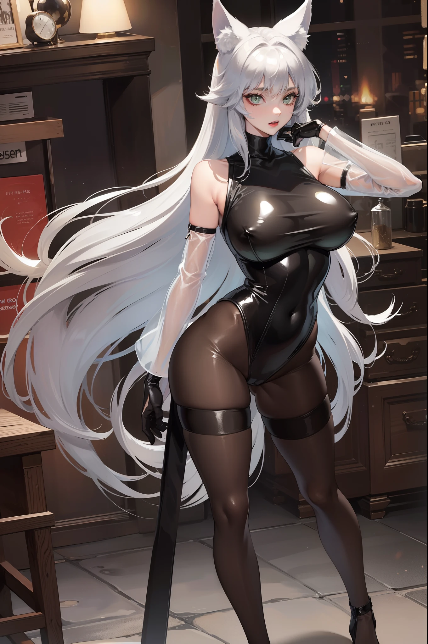 one woman, fox ears, fox tail, silver hair, green eyes, big breasts, leather, see-through, pantyhose, leather dress, bodysuit, mature lady, tall person, wide hips, big ass, sexy,