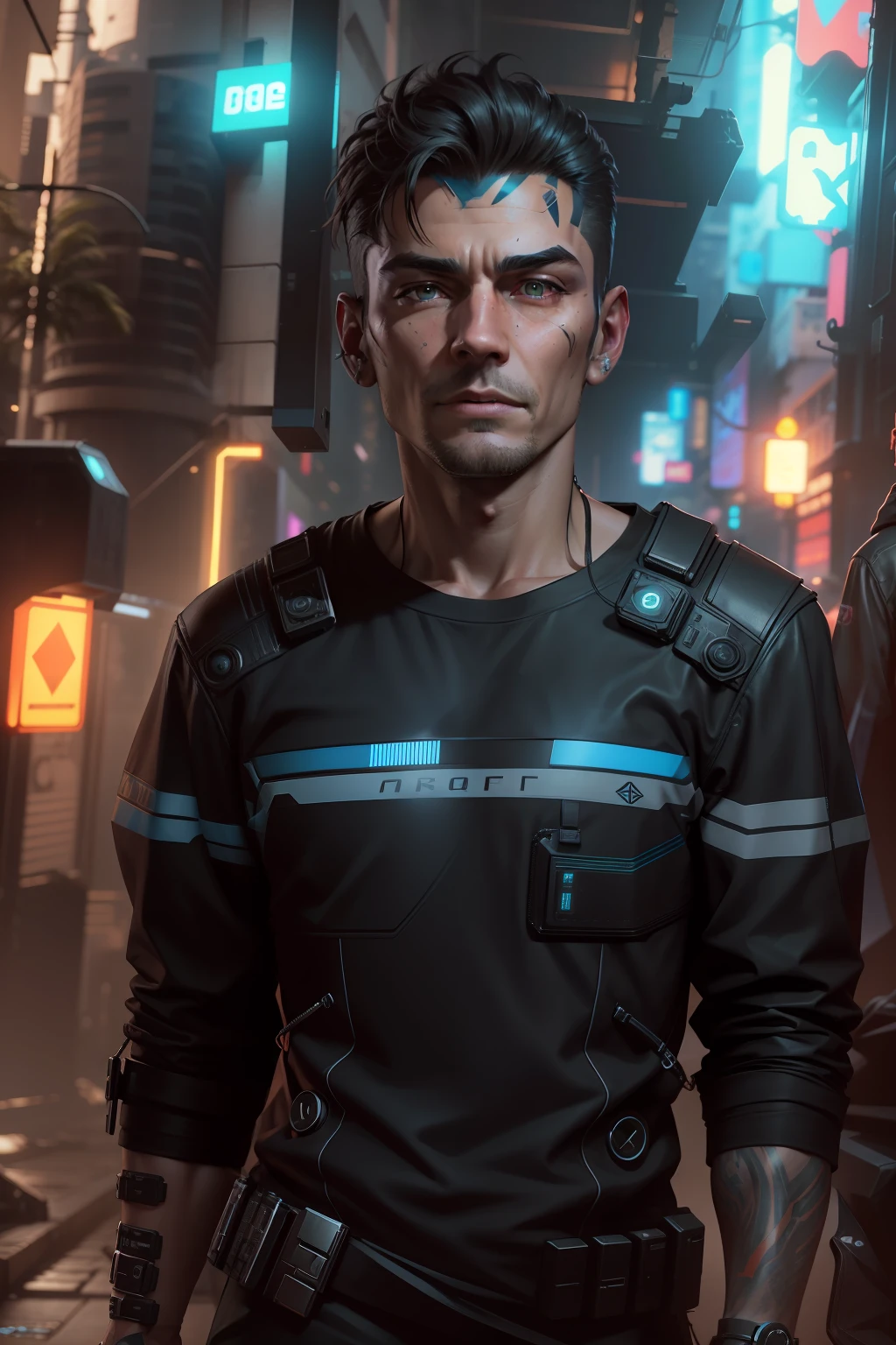 Change the background of a handsome cyberpunk, realistic face, 8K, ultra realistis,