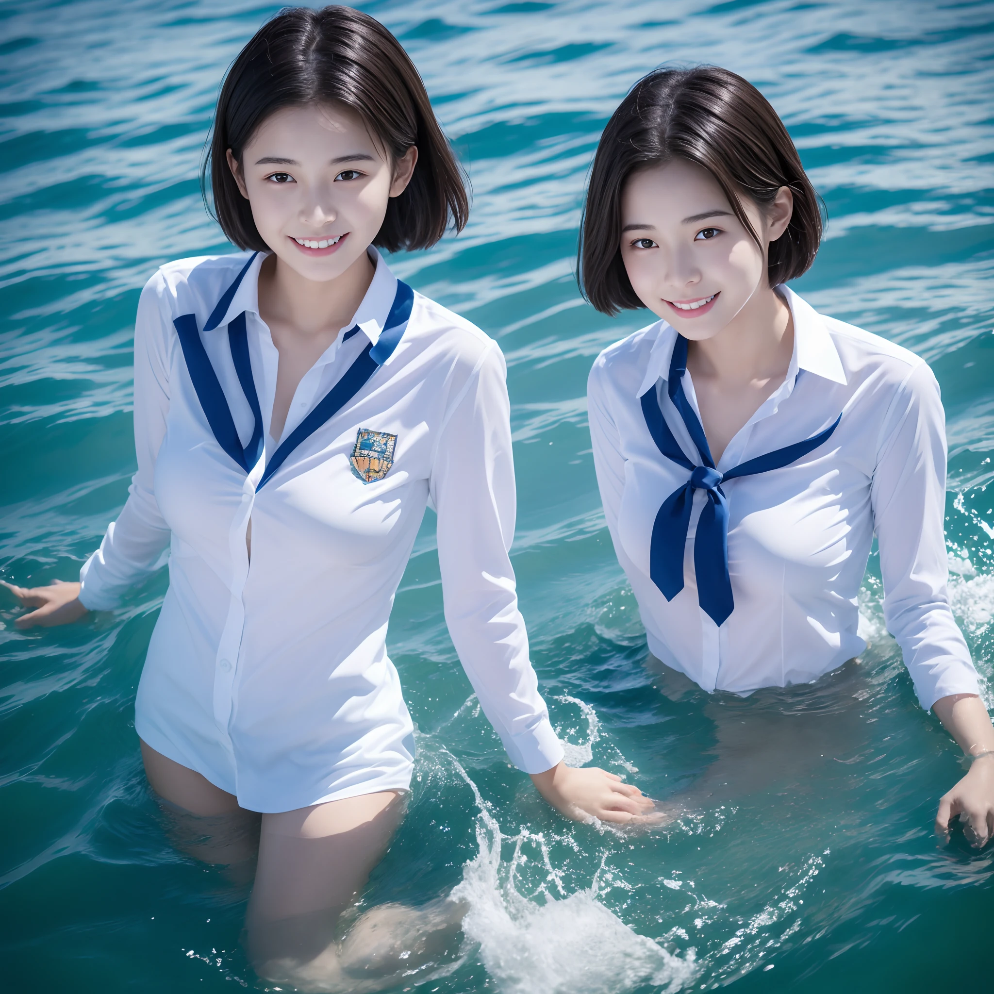 Beautiful high school student wearing school uniform by the sea,Super high value,extra very short hair,Delicate hair,Fair face and skin,Hanging water droplets,Happy playing in the water,Large breasts,Chest hyperexcion,perfect body figure,The sea is crystal clear