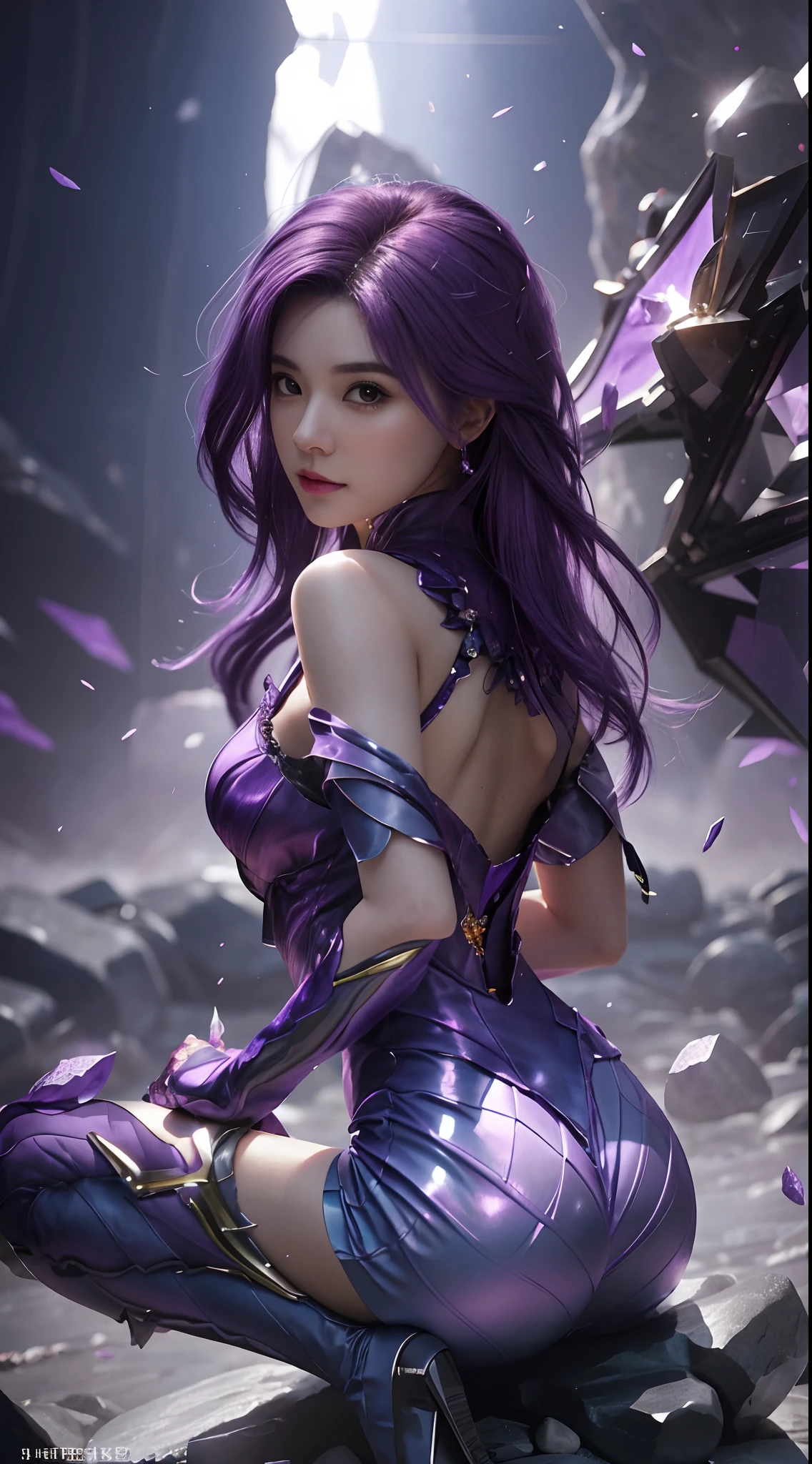 A woman with purple hair and a purple dress kneels on a rock，Yang J，Artgerm is meticulously depicted，IG model，rossdraws sakimimichan，dream artgerm，Artgerm and Rossdraw style，Fantasy art style，The best site for doujin art，Look gently at the camera。