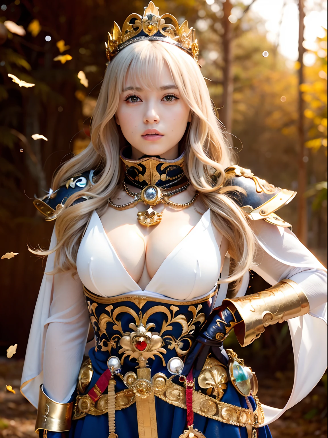 (masutepiece), Professional , masterpiece、top-quality、photos realistic , depth of fields (Gemstone White Metal Body:1.9),(Matte White、Jewel Gold Weapon(Jewel Metal Body:1.4),Gorgeous metal weapons ,(( Detailed and gorgeous sword of the brave)) , Beautiful knife ,warhammer 40k , adepta sororitas,Detail and ornate jewel crown、((Golden hair))、((Gangle's forest background))、Beautiful Caucasian beauty、1a person、dynamic ungle,(((Detailed and ornate diamond crown)))、Smaller head、A smile、Background inside the castle、Thin and beautiful female hands、cleavage of the breast、Soldier in iron armor on background、Mystical expression、Light Effects、intense fighting、Wind-effect、magic circles、With the legendary magic wand、(wings of light)、Toostock、Toostock、