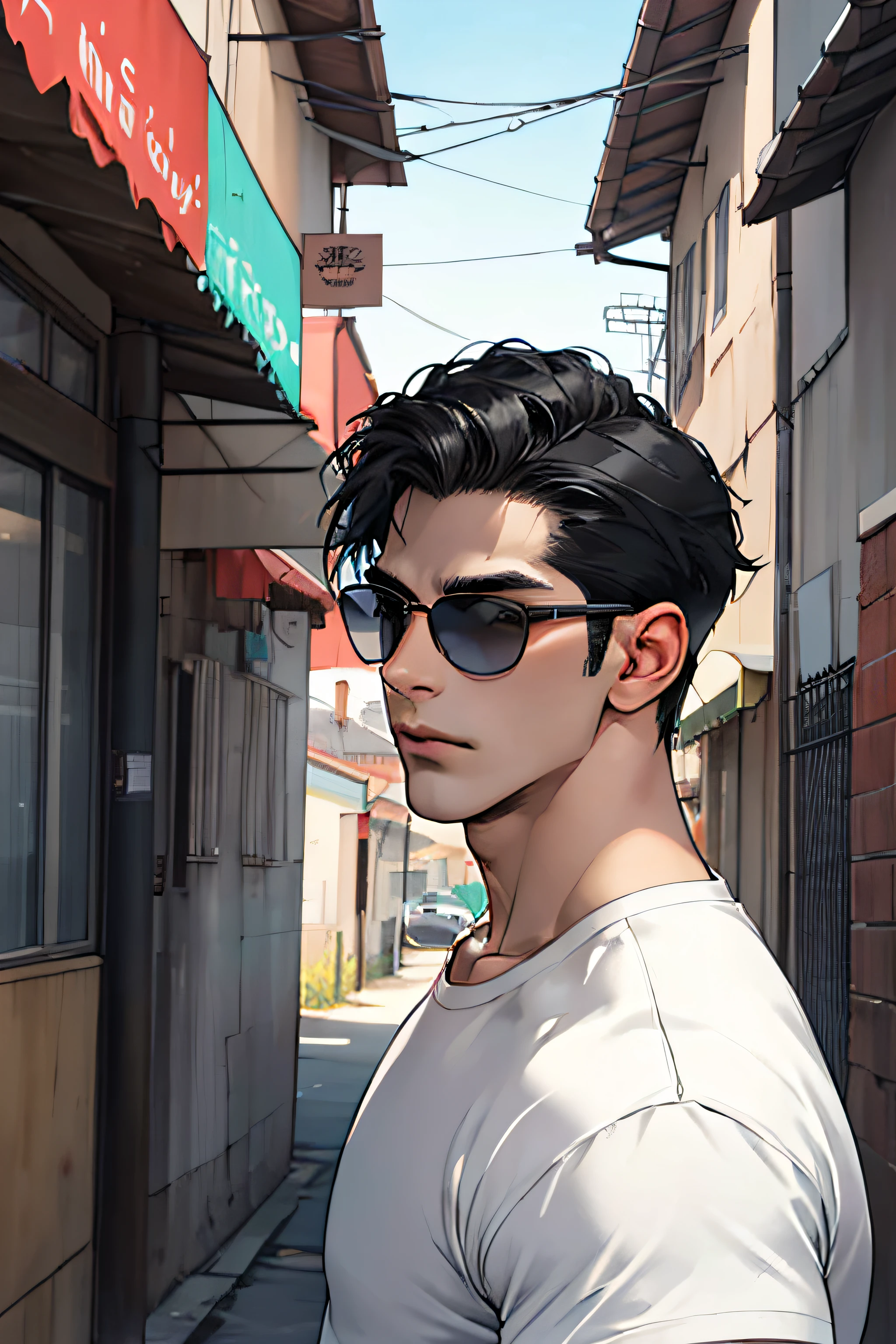 lifelike,(The Masterpiece,Top quality,best qulity,officlal art),greatly detailed,Colorful,Most detailed,god,shorter hair,black color hair,Handsome man,gargantilha,short sleeve,outskirts,sunglasses
