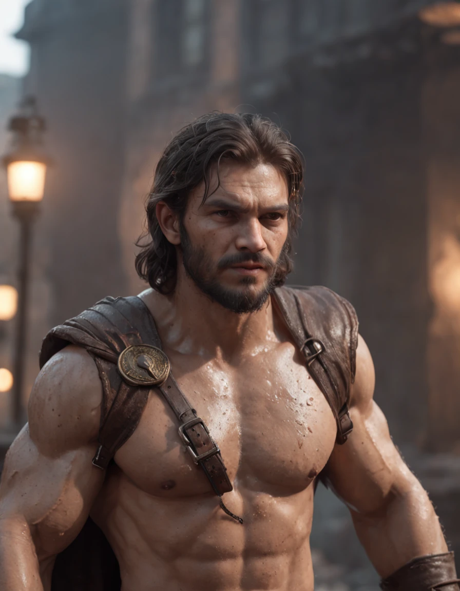(Professional 3D Rendering:1.3) in the (Realistic:1.3) The most beautiful artwork photos in the world, Features of young adult males who are soft and shiny , ((Epic Hero Fantasy Muscle Man Grumpy Wet Hero Handsome Look Messy Hair Short Beard and Frivolous Look in Dynamic Pose, fantastic location, majestic cluttered environment)), Full body 8K unity rendering, action SHOT, skin pore, Cinematic lighting, Heavy shading, Detailed, hyperdetailed face, (Vibrant, photos realistic, Realistic, Dramatic, Dark, Sharp Focus, 8K), (Old leather garments damaged by weathering:1.4), ((((Wear fur)))), (Convoluted:1.4), Decadent, (Highly detailed:1.4), Digital Painting, rendering by octane, art  stations, concept-art, Smooth, Sharp Focus, Illustration, Art Germ, (Roisch:0.23), Vlop Ilya Kuvshinov, Gregg Rutkowski and Alphonse Mucha Gracias, (Global Illumination, studio lights, volumettic light), Heavy rain, particles floating, lotr, Fantasy, elf, full body Esbian, ((Dark ancient city background:1.3)),CG Sessa,art  stations