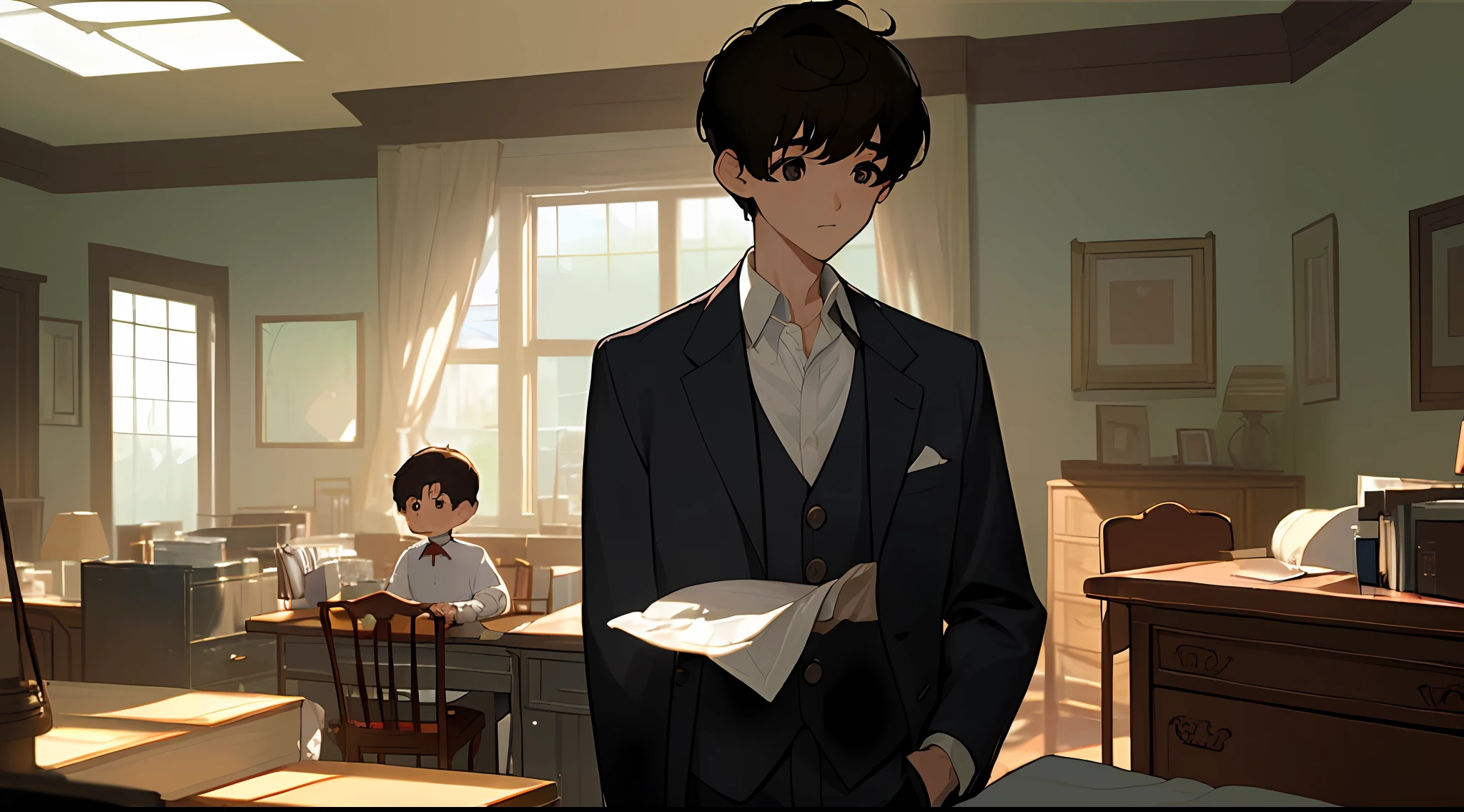 (masterpiece、top-quality)、Lens Flare、1 baby boy、Male Focus、s Office、独奏、desk、inside the house、The shirt、Office Desk、A dark-haired、White shirt、a chair、window、shirt with collar、suits、is standing、short-hair、underpants、long-sleeve、black trousers