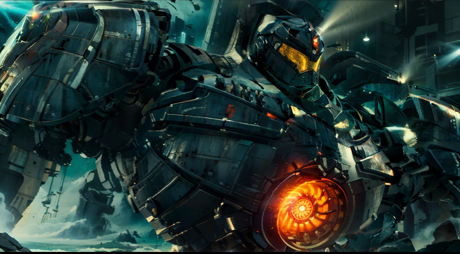Pacific Rim movie wallpaper ,no humans, , ,modern, minimalistc design of jaeger ,universe background ,lightning and high contrast