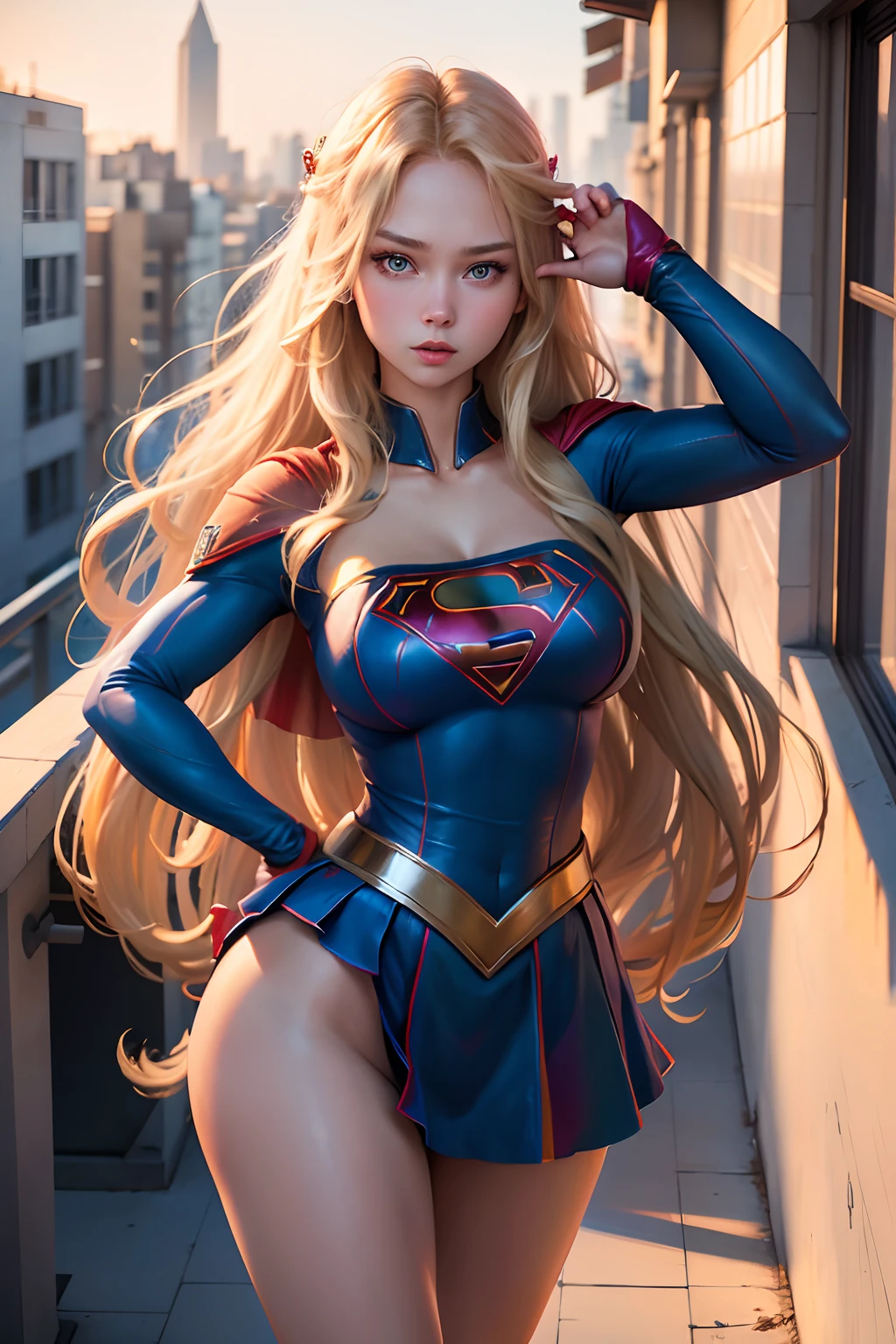 ((best quality, masterpiece, absurdress) , supergirl , 19 years old,long blonde hair, voluminous hair, loose hair, blue expressive eyes,huge breasts, supergirl wearing korean school uniform, terrace of a building, view of other buildings ,day