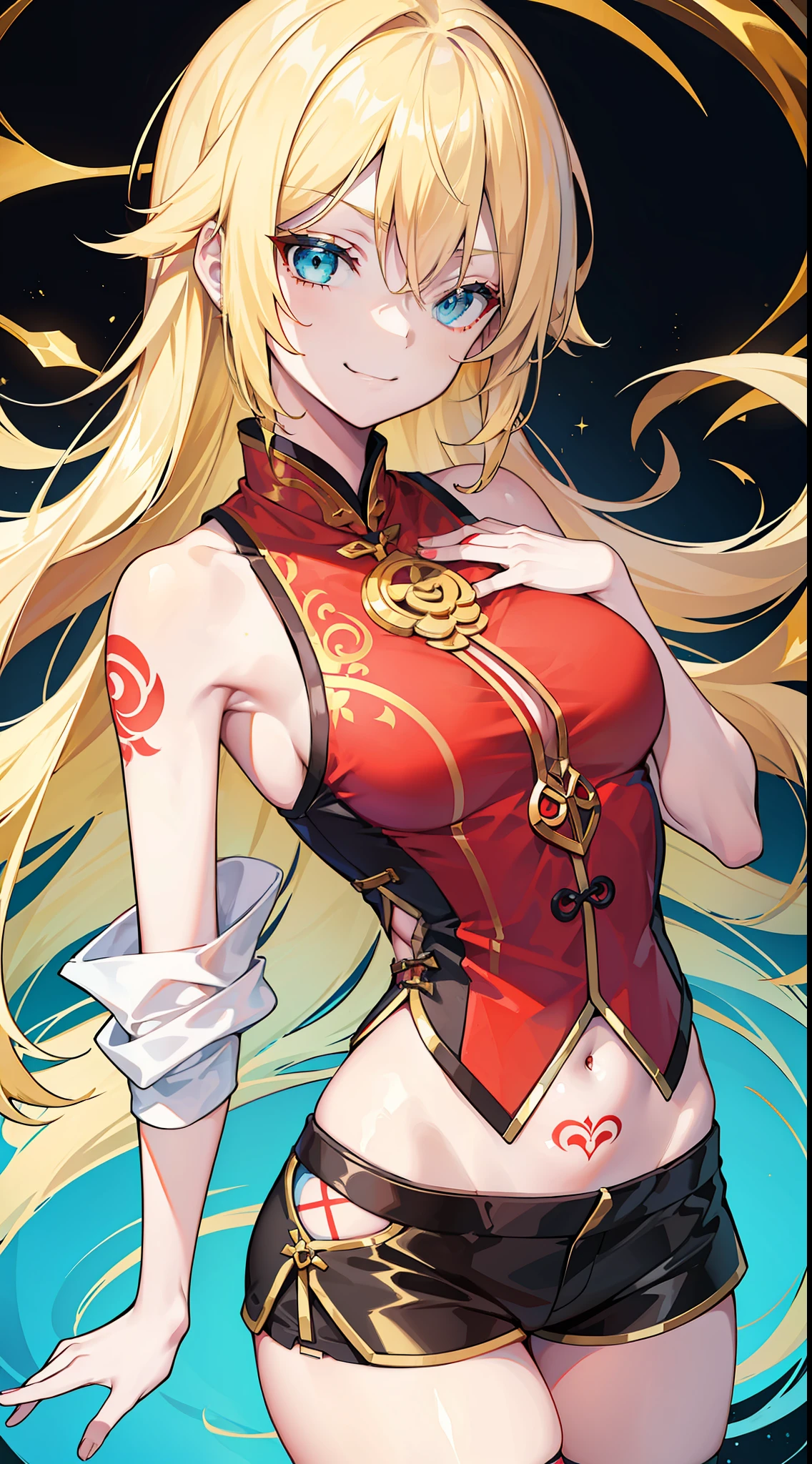 young girl, longue blonde hair, Cyan eyes, Tatoo, smirk, Red Chinese Top, Sleeveless, neckline on the chest, open breasts, Gold Elements, Shorts, tmasterpiece, hiquality