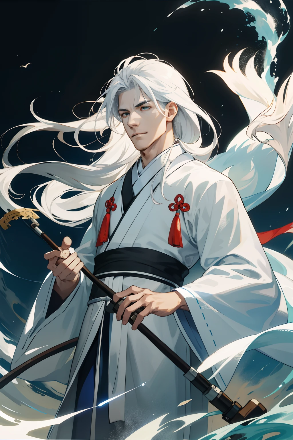 The white-robed old man in Chinese mythology, Fishing with a fishing rod in hand，（long whitr hair），white mustache， mature, Draped with hair，（Long flowing hair），Carry a cloak on his back，There is a manhood, Handsome, finely quality eyes, Complicated details, sportrait, 独奏, Half shot, detailedbackground，Kind expression、Hovering in the air、bright clouds、floating silk、Backlit realistic lighting、Armory、Hair flutters in the wind，(Hanfu), Surrounded by ink,Clouds surround, Clear face, Clear and bright eyes, High detail, (A high resolution, ultra - detailed), Cinematic lighting, Motion blur, Ray tracing, reflective light, (Close-up), Masterpiece, Best quality, High quality, Anatomically correct, Textured skin, High details, Super detail, 1080p, （hyper HD），