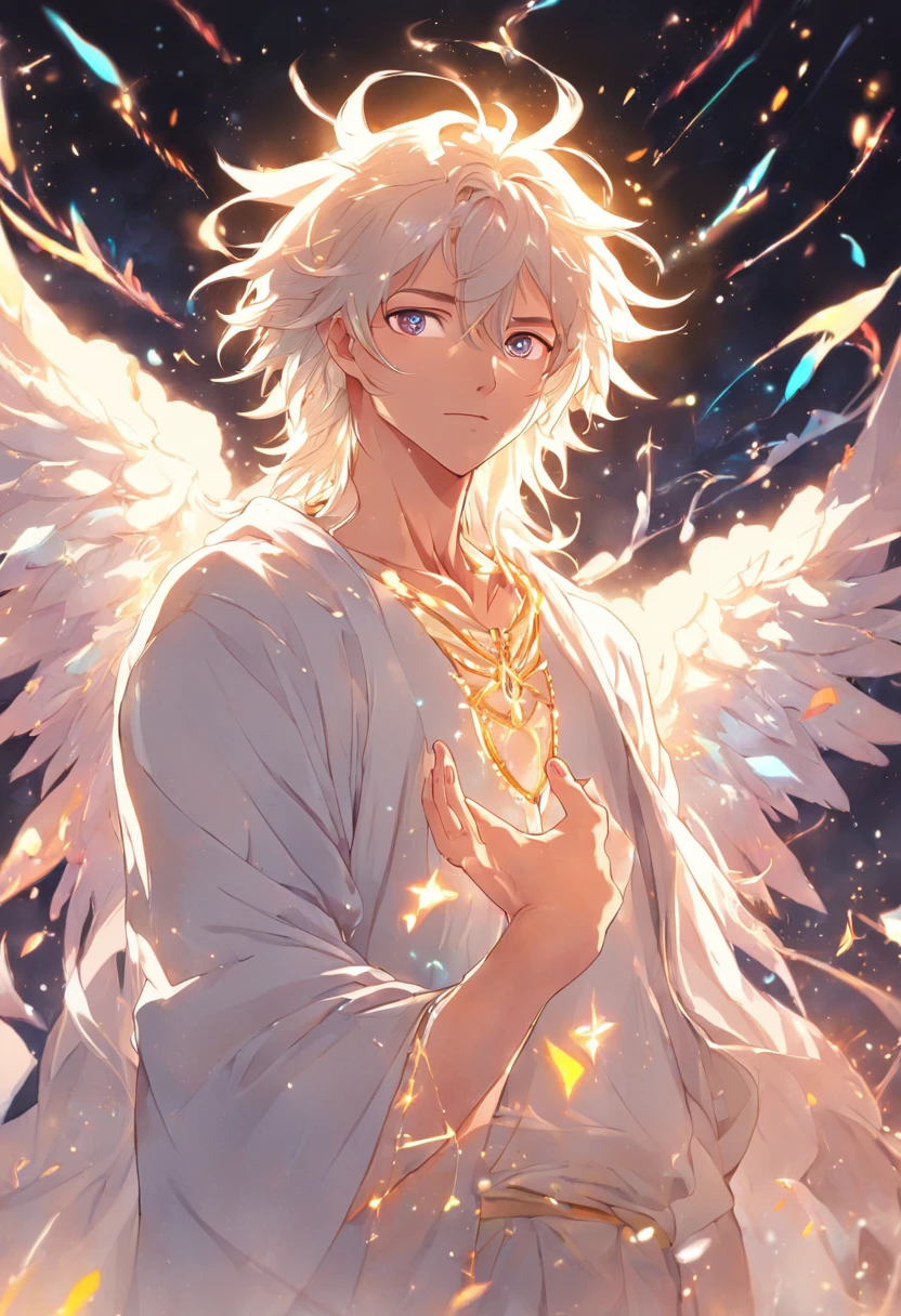 masterpiece, best quality, 1 male, handsome, tall muscular guy, pastel color long hair, fantasy, complex pattern, detailed face, angel wings, lens flare, colorful, glow white particles, white robe, gold bracelets and accessories, prism, glowing, glitter, particles, bloom, likes to celebrate and have fun, enjoys nature, bright and optimistic outlook, creative and adventurous spirit, represents happiness and harmony
