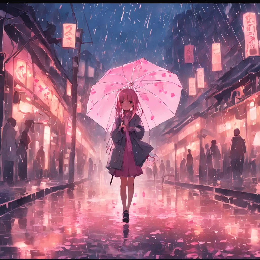 holding a umbrella，stroll，Streets on rainy days，In the distance are pink cherry blossoms，SakuraNS，with petals falling，rainwater，Raindrops fall，Wet ground，inverted image，Warm and romantic