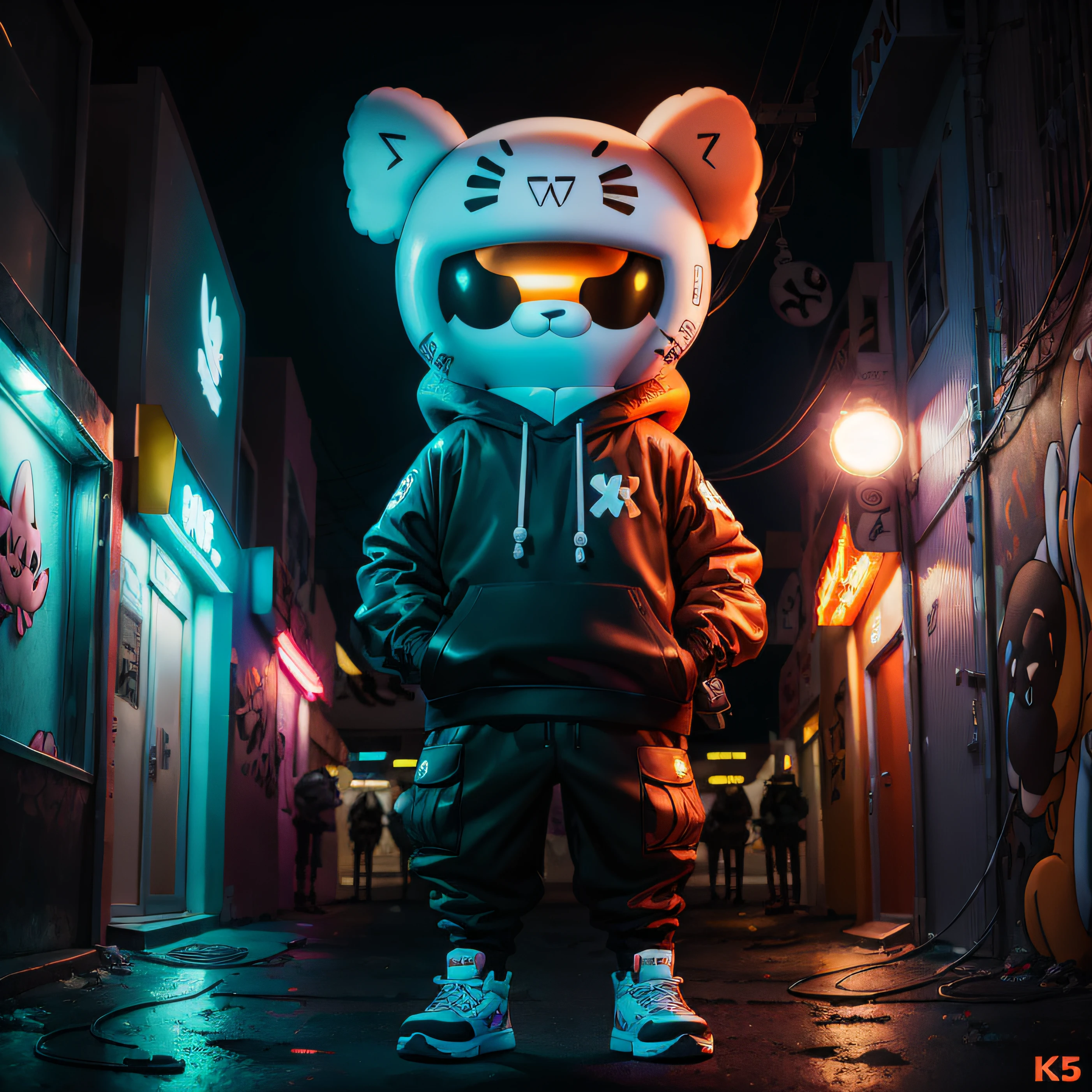 A cartoon animal, kaws,MD clothing, Fashionable outfits, In the K5000 shoe store, Silver necklace,Orange series, Graffiti street background, Movie lighting, Bright colors。Light and dark contrast, IP Pop Mart blind box, 。.3D, C4D, Eight-fold,tchibi, behans, hyper HD,Best quality,8k --ar 3:4 --niji 5 --style expressive
