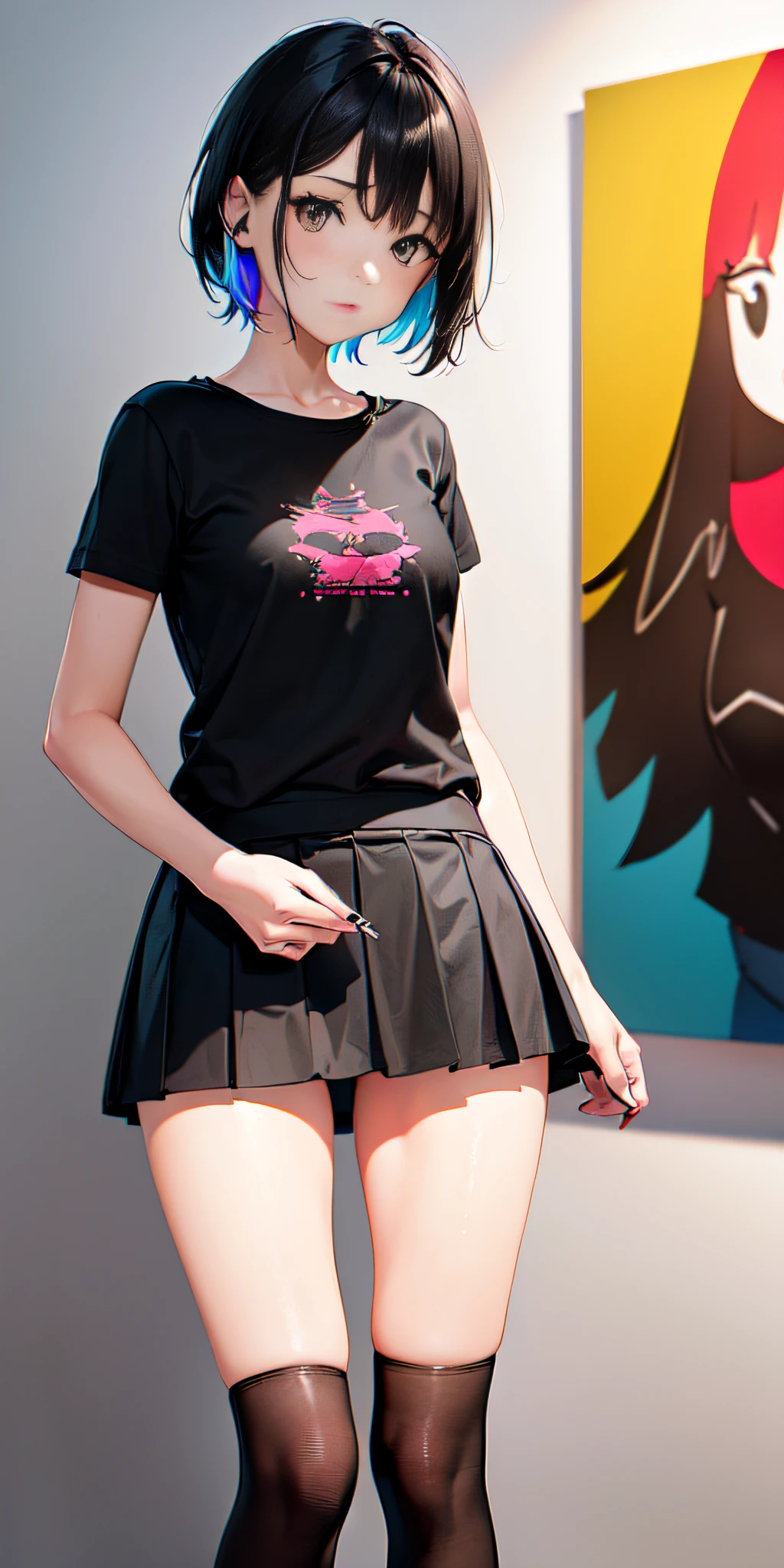 ((Contemporary art created by tracing traces of colorful ink、obra maestra、ultra-detallado、Pop-art, 16 year old girl very short skirt black, blusa tipo hombliguera,))