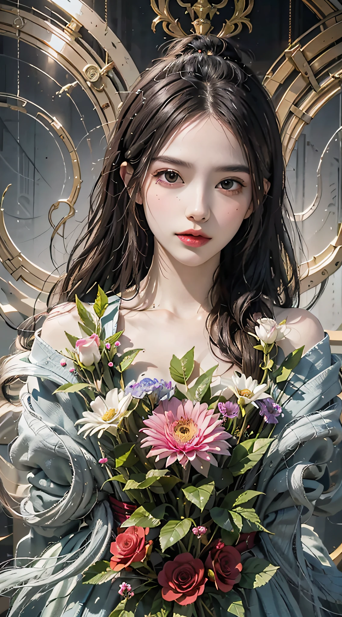 masutepiece、hight resolution、Florist clerk、30-year-old girl、1Girl clerk、Looking at the camera、smil、Finish as shown in the photo、Flowers and girls、the skin is white and beautiful、Hair is long and beautiful、inner colored、Hair should be tied back、A slender