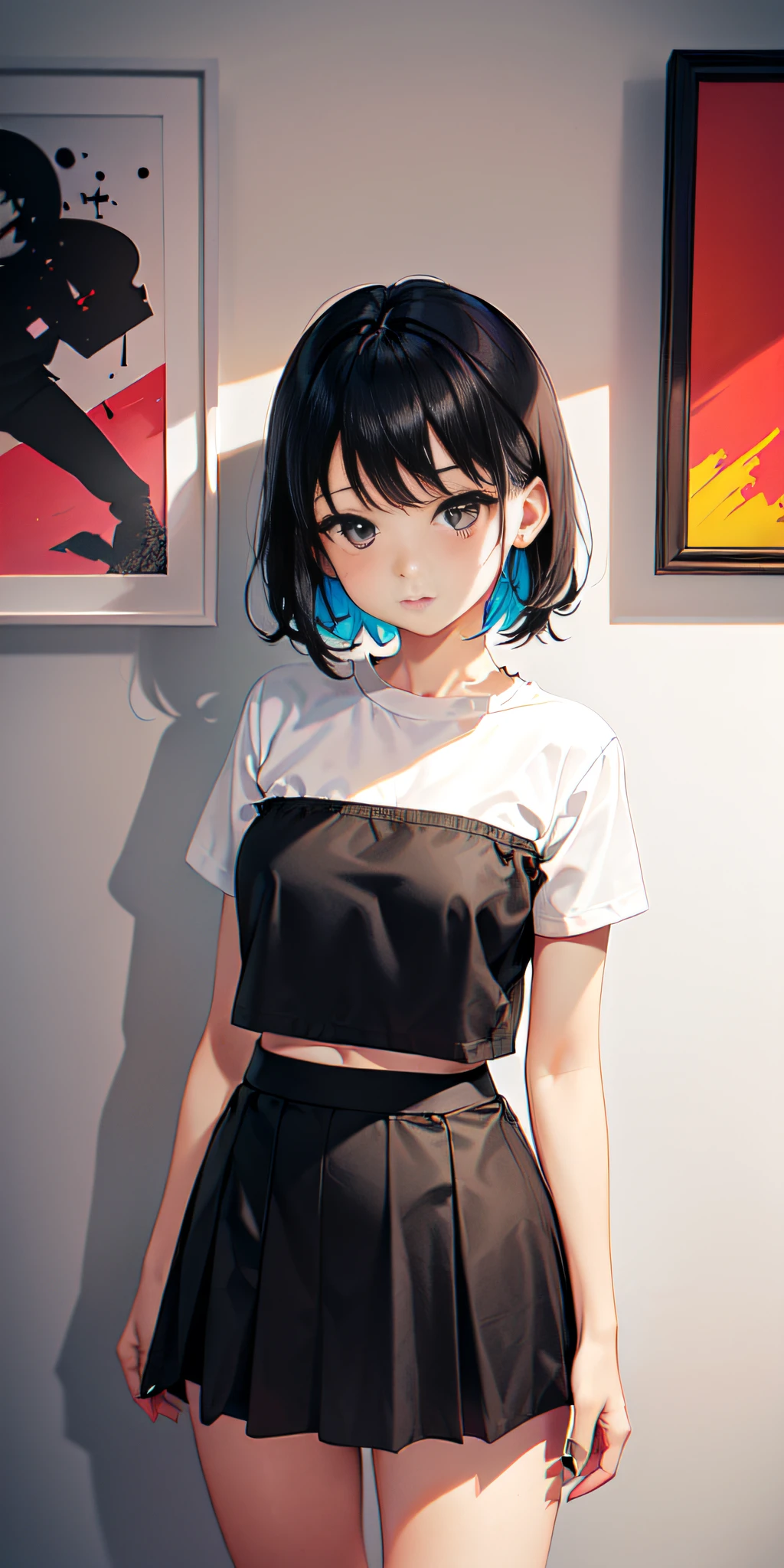 ((Contemporary art created by tracing traces of colorful ink、obra maestra、ultra-detallado、Pop-art, girl very short skirt black, blusa tipo hombliguera,))