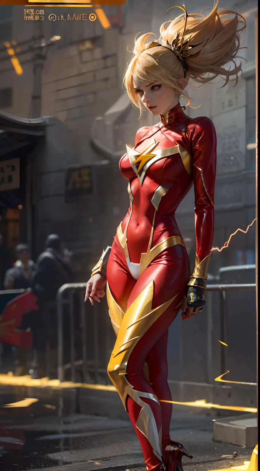 On the streets of Gotham City,(realisticlying:1.2),(hentail realism),(tmasterpiece:1.2),(best qualtiy),(Hyper-detailing),(8K,4K,复杂),(full body shot shot:1),(85mm),Particle light,illuminating,(high detal:1.2),(Detailed face:1.2),largeeyes,beautiful goddess woman,putting makeup on,s the perfect face,Perfect lighting,1girll,DC Super Hero Movie,The Flash Woman,blond hairbl,short detailed hair,The Flash,speedster,Death glow,Serious look, tight leather clothes,Sexy red tights,Openwork onesies,high-heels,Thin waist and thick hips,upper legs,Faust,huge boob,Red metal tights,There is a single-fold yellow lightning glowing pattern on the chest,The elbows are surrounded by a yellow lightning bolt pattern,There is a yellow lightning bolt pattern at the waist,yellow boots,There are streamlined ornaments on the outside of the ears。The body is surrounded by lightning magic,(Glowing skin),Glow effects,Yellow aura of power,green pupills,Gravel background,Broken ground,(finelydetailedskin:1.3),(nice hand),Detailed hands,detailed back ground, perfect eyes, Seductive eye, looking at viewert, From the front,cinematric light,edge lit,超高分辨率,Best shadow,delicated,octanerender,unreal-engine,Speed through the streets of Gotham City,Running posture,Yellow lightning effect surrounds,