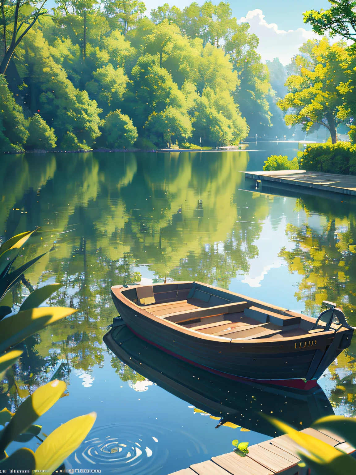 Wallpaper, summer pond, pond, boats, afternoon sun, pond background, depth of field, hot weather, high definition detail, wet watermark, ultra detail, film, surrealism, soft light, deep field focus bokeh, ray tracing, diffuse (ultrafine glass reflections) and surrealism. --v6