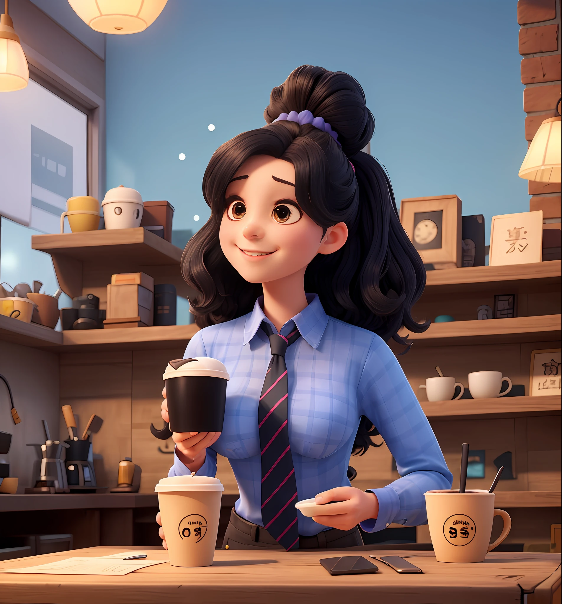 Girl in blue shirt and tie holding a cup of coffee，Super cute girl，Black color hair，1个Giant Breast Girl，Wear 2 hair cards，Finger repair，ssmile