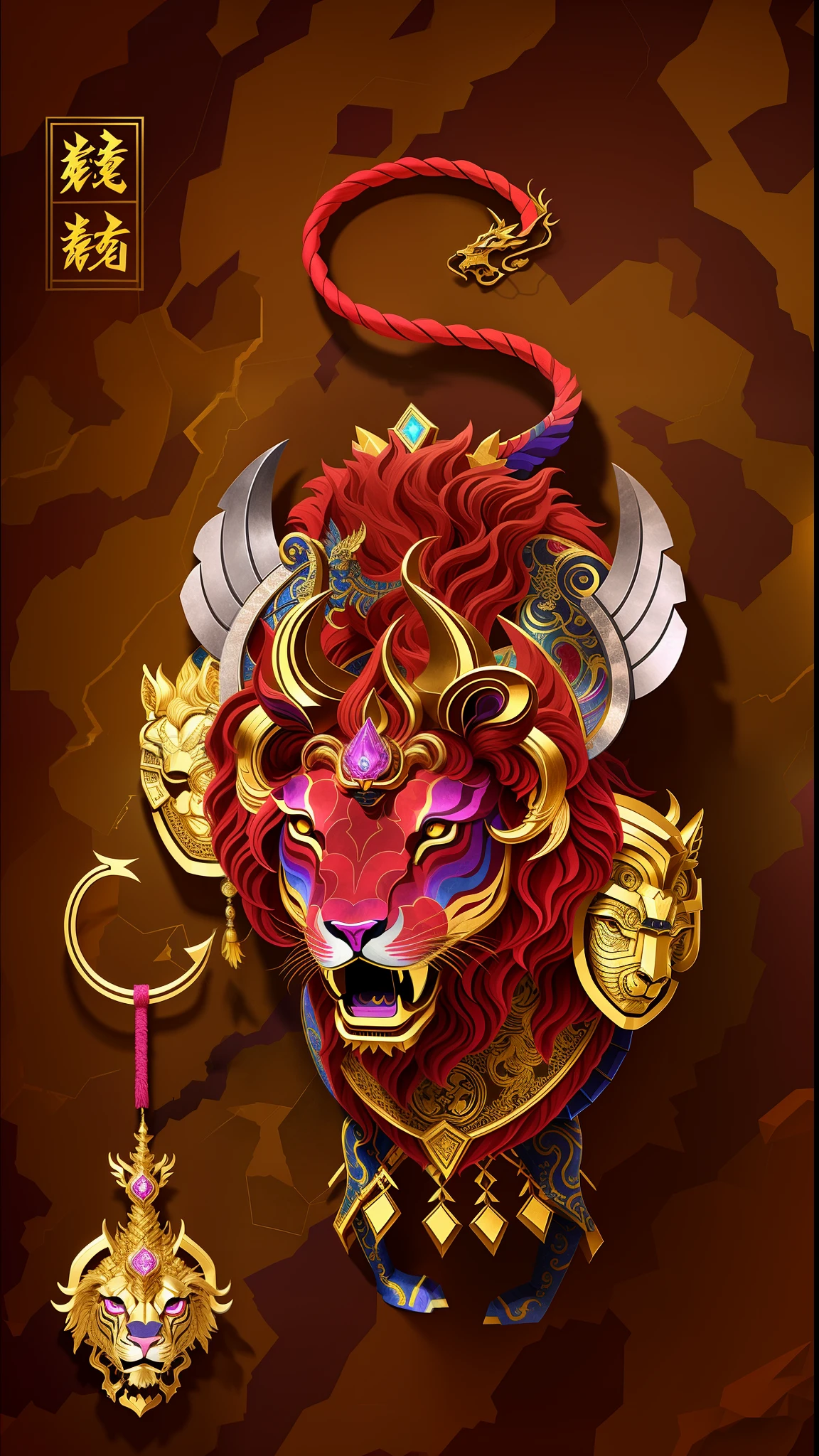 Lion-headed unicorn body,Two-dimensional art style, A majestic Chinese mythical beast,Top-down view,Golden armor,Dark blue-purple background,concept-art, highly detailed and colored