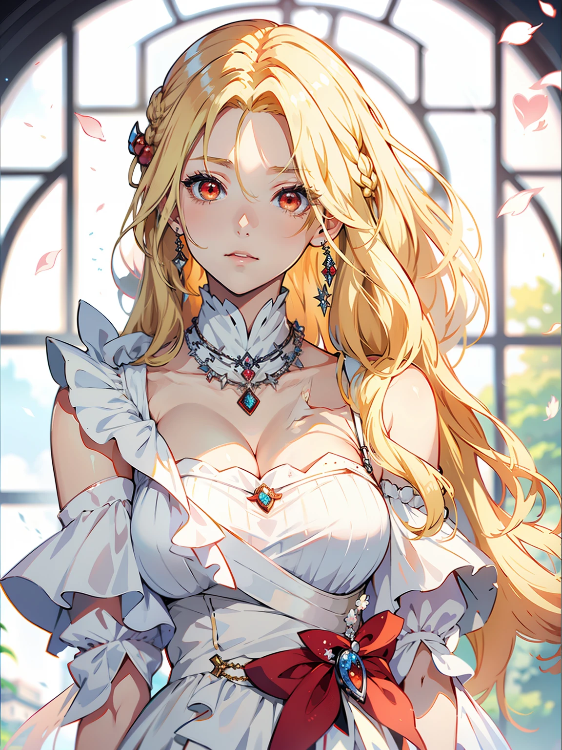 anime girl with (long blonde hair: 2) wearing a white dress and a necklace, beautiful anime woman, beautiful alluring anime woman, beautiful anime girl, beautiful anime portrait, ((a beautiful fantasy empress)), anime girl with long hair, detailed portrait of anime girl, perfect blonde haired girl, cute anime waifu in a nice dress, beautiful anime art style, beautiful anime style, big breast, (red eyes: 1.5),