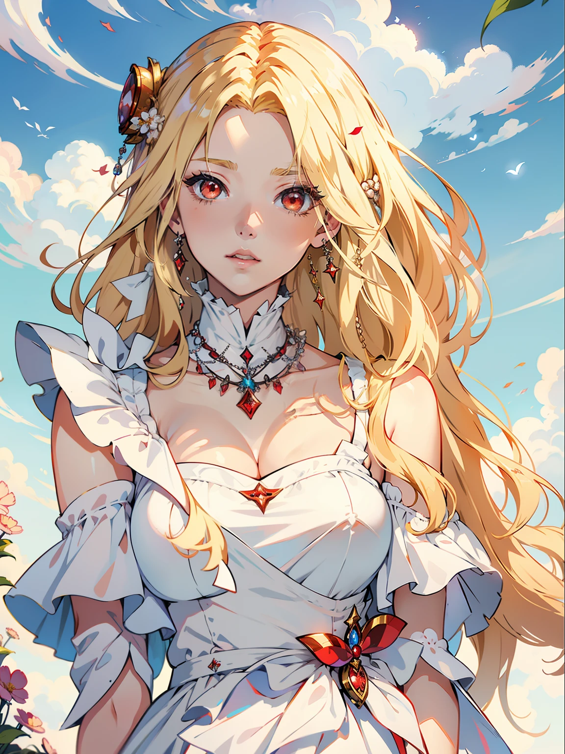 anime girl with (long blonde hair: 2) wearing a white dress and a necklace, beautiful anime woman, beautiful alluring anime woman, beautiful anime girl, beautiful anime portrait, ((a beautiful fantasy empress)), anime girl with long hair, detailed portrait of anime girl, perfect blonde haired girl, cute anime waifu in a nice dress, beautiful anime art style, beautiful anime style, big breast, (red eyes: 1.5),