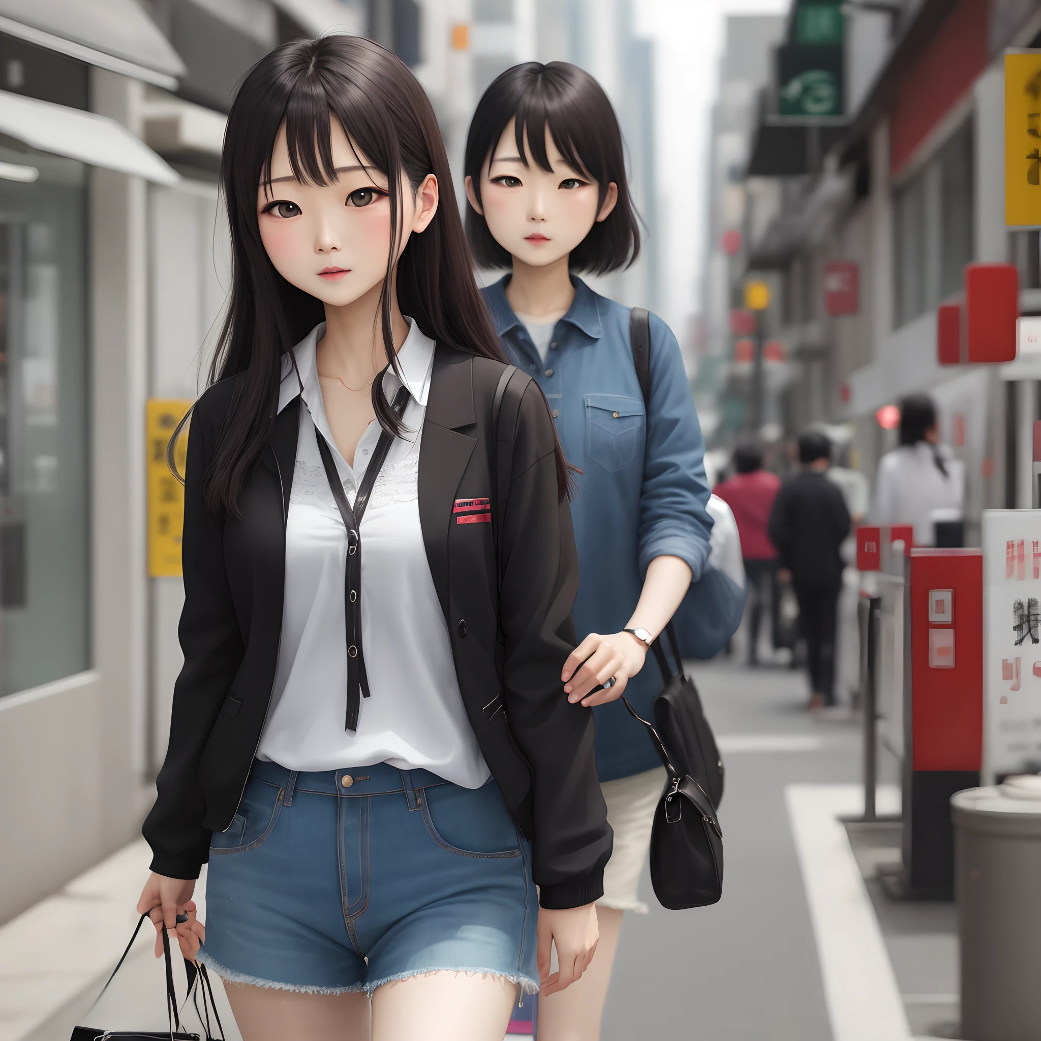 exteriors，Kizi，Black hair，黑The eye，pedestrian street，nakeness，no clothes are worn，and wear no underwear，