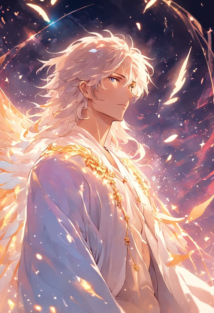 masterpiece, best quality, 1 male, handsome, tall muscular guy, pastel color long hair, fantasy, complex pattern, detailed face, angel wings, lens flare, colorful, glow white particles, white robe, gold bracelets and accessories, prism, glowing, glitter, particles, bloom, likes to celebrate and have fun, enjoys nature, bright and optimistic outlook, creative and adventurous spirit, represents happiness and harmony
