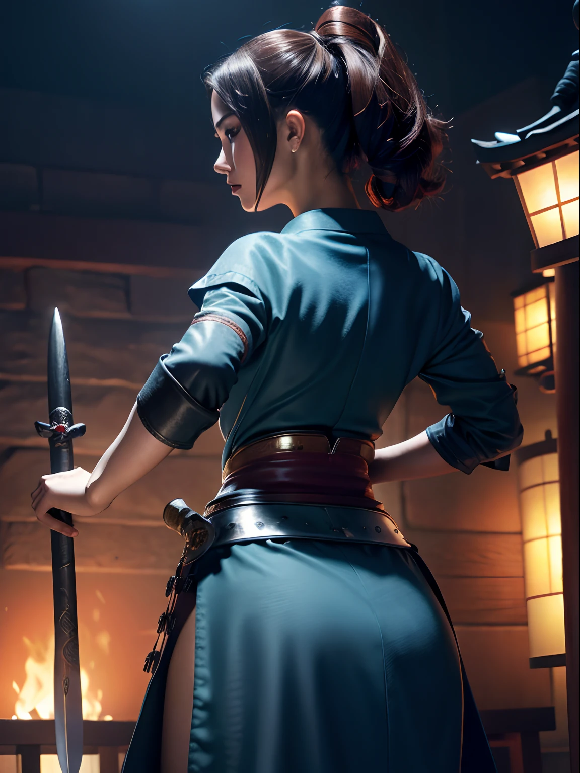 Split abs, large full breasts, Best Quality, masutepiece, 超A high resolution, (Photorealistic:1.4), arma, Detailed face, One Girl With Her Back Turned, Sword weapons, cleavage, (Magic Circle:1.2), Beautiful girl with her back turned, Full body, Japan castle town of the Edo period, Townscape of the Edo period, Samurai, Japan, Fantasy, High quality, ultra detailed in 4k, 8K, High resolution, fantasy coverart style, medieval times, Sharp Focus, depth of fields.