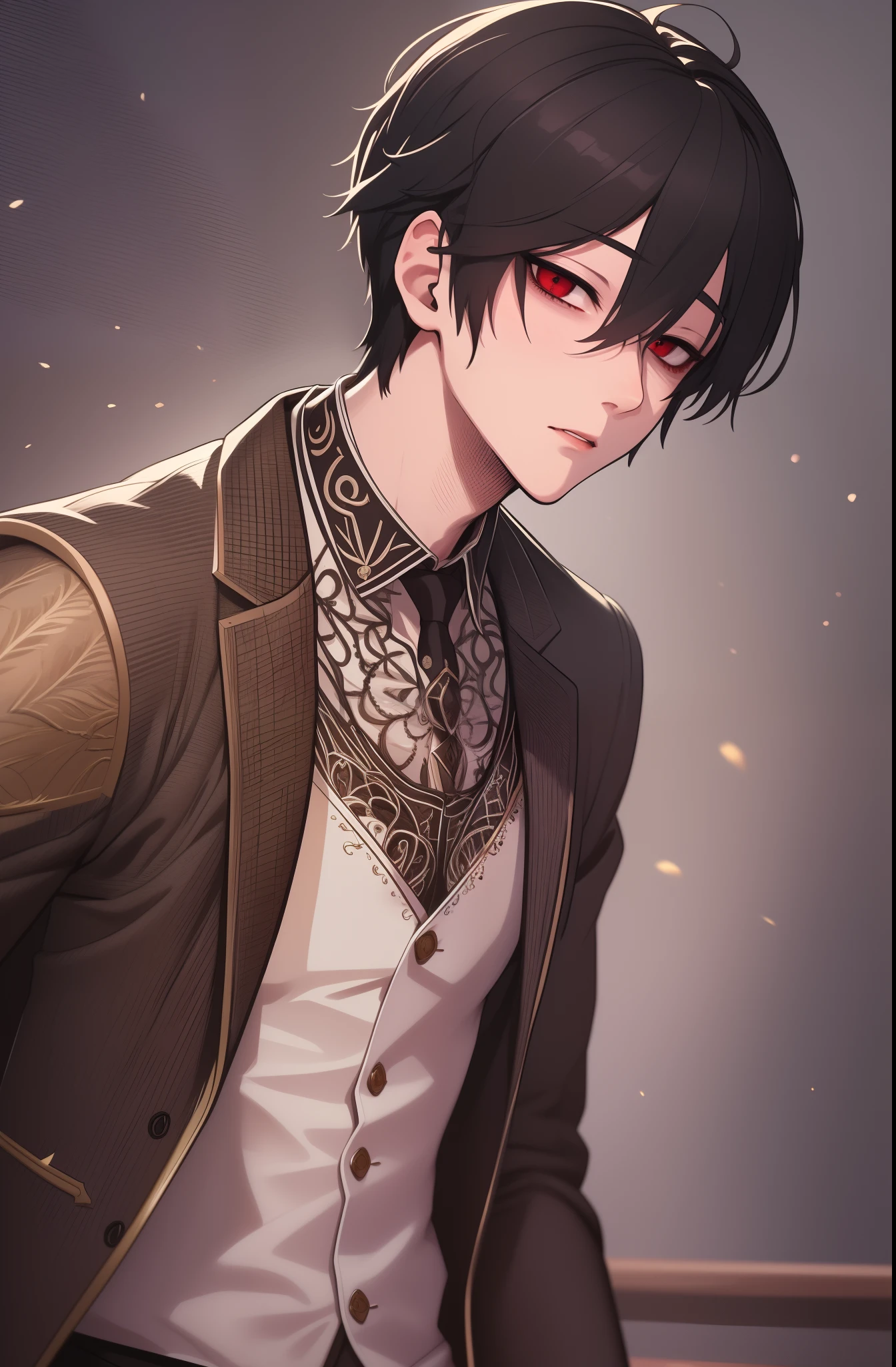 hight resolution, sharp-focus, pixiv masterpiece, ((intricate details)), Highly detailed, 1boy, upper-body, Kim_Minsu, red eyes, black hair, bags under eyes, suit,