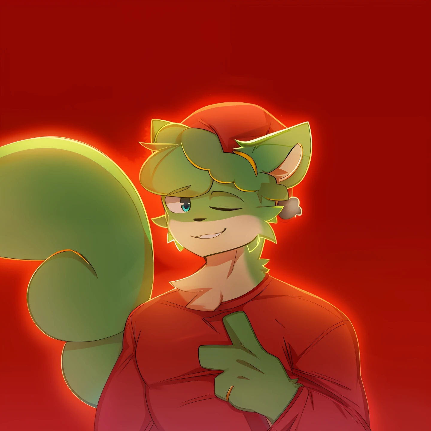 green squirrel male who wears a red shirt and santa hat