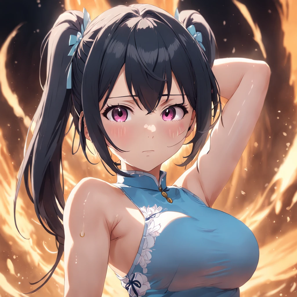 wearing tight cheongsam, big boobs, revealing,((ultra hd, masterpiece, 4k hd)), armpit and chest look, armpits and showing, sexy anime girl, white skin, cute face , twintails, sweaty all over, armpits and groin sweaty and wet