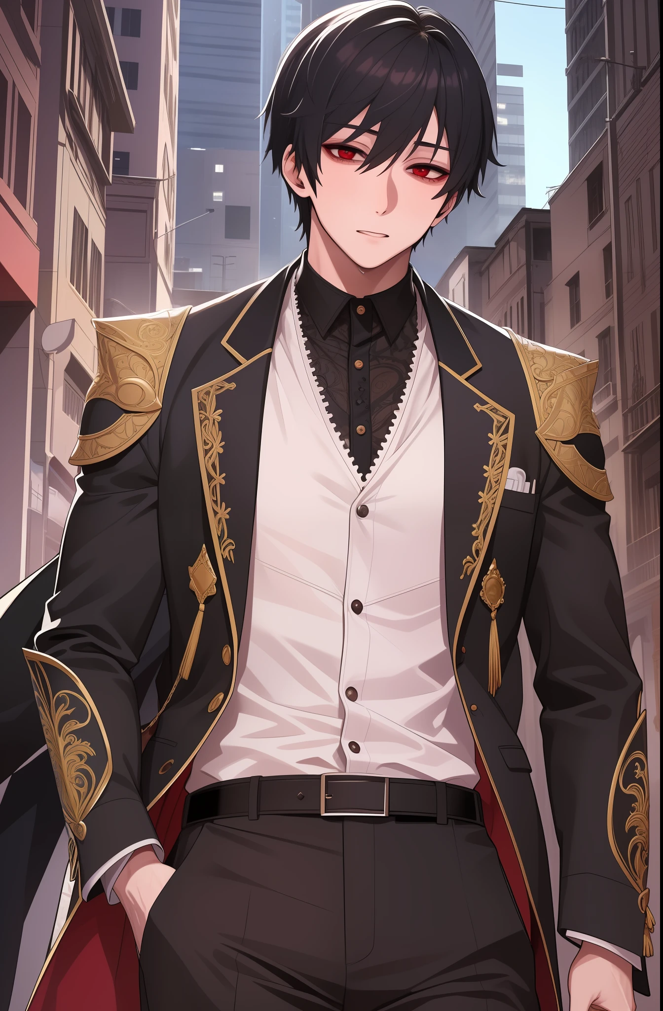 hight resolution, sharp-focus, pixiv masterpiece, ((intricate details)), Highly detailed, 1boy, upper-body, Kim_Minsu, red eyes, black hair, bags under eyes, suit,