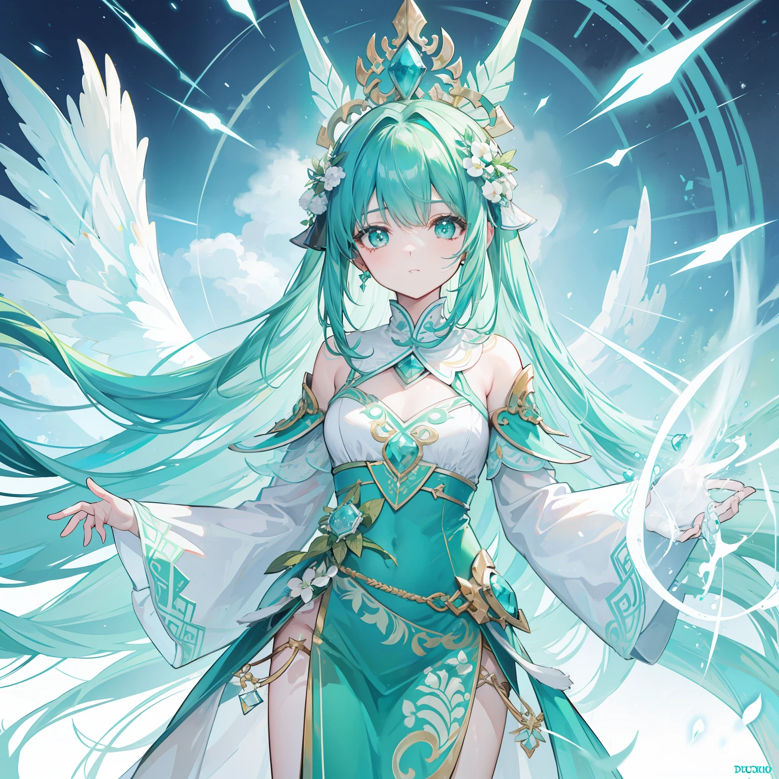 The Title Douluo Continent with multiple green soul rings，It's a beautiful sister，Turquoise and emerald white color scheme，Known as the plant fairy