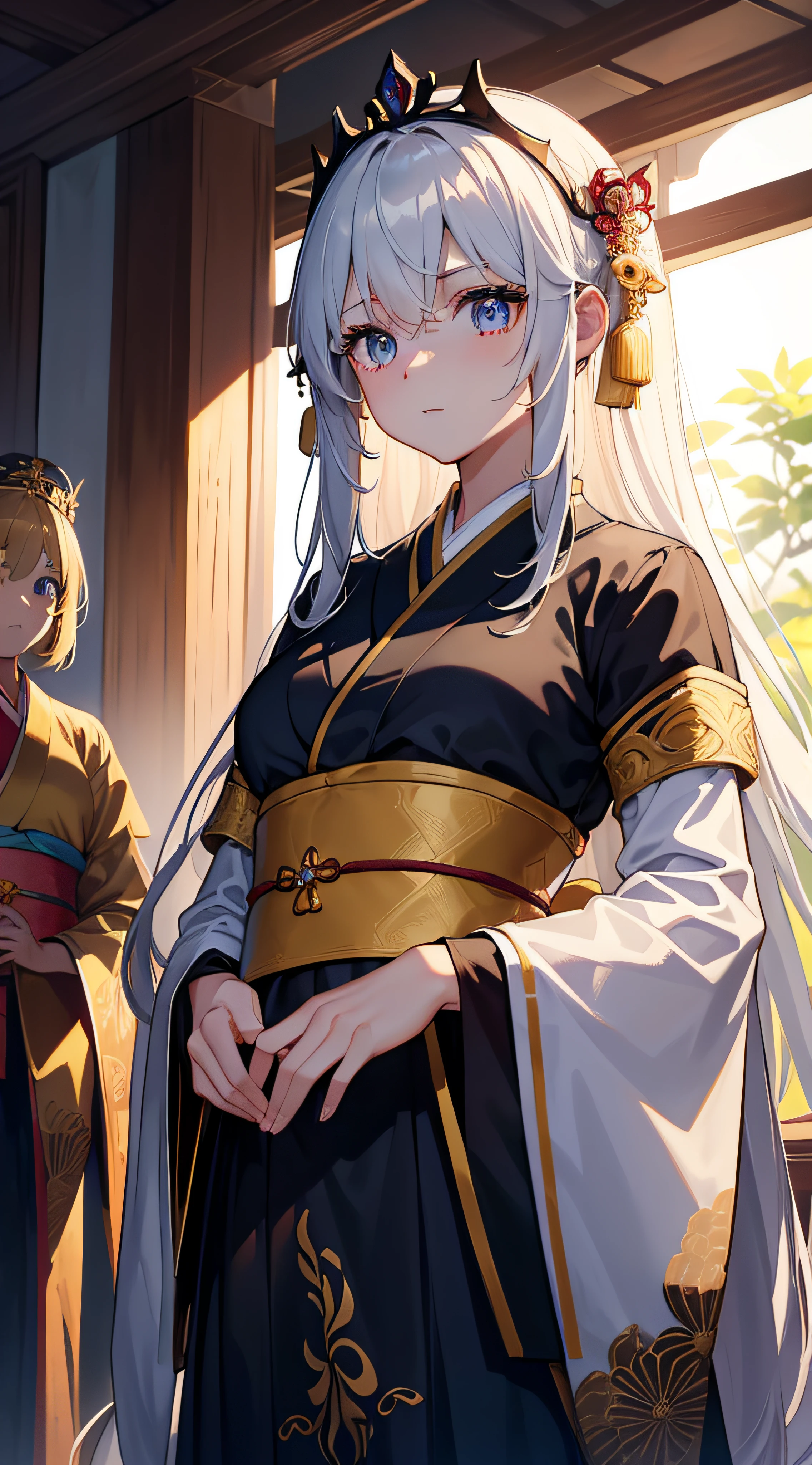 (Masterpiece:1.2), Best quality, (illustration:1.2), (Ultra-detailed), 超详细信息, (细腻细致), (Intricate details), (Cinematic light, 最优质的背光), 清晰的线条, From below, perfect bodies,Beautifully detailed eyes,(2girls),The girl's clothes on the left are(Gorgeous light-colored kimono),The girl's clothes on the right are(Dark and gorgeous Hanfu),((The two stood back to back)),full bodyesbian,(the emperor,Black see-through garment),(tiara crown:1.1),(is shy:1.2 ), ((Makeup)), High contrast, (Best illumination, an extremely create and beautiful), ((Cinematic light)), Bright colors,The palace is luxurious,Resplendent