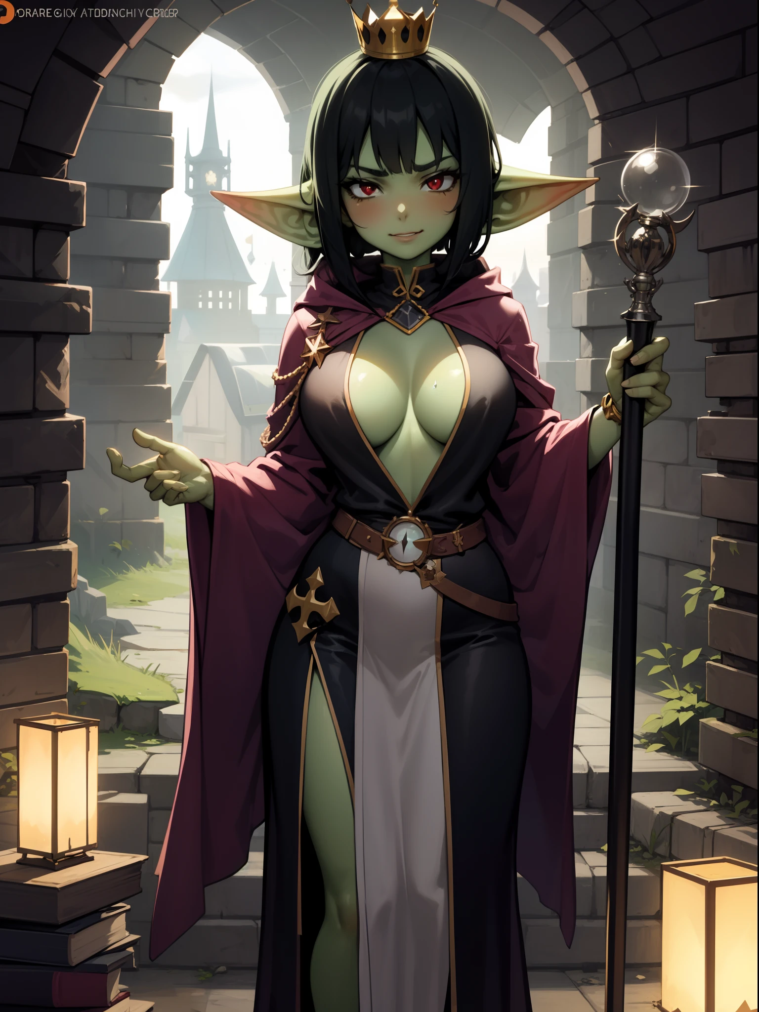 1girl,solo,goblin girl,black hair, short hairs,red eye,large breasts,standing,smug,crown,magic wand in hand,wizard robe,