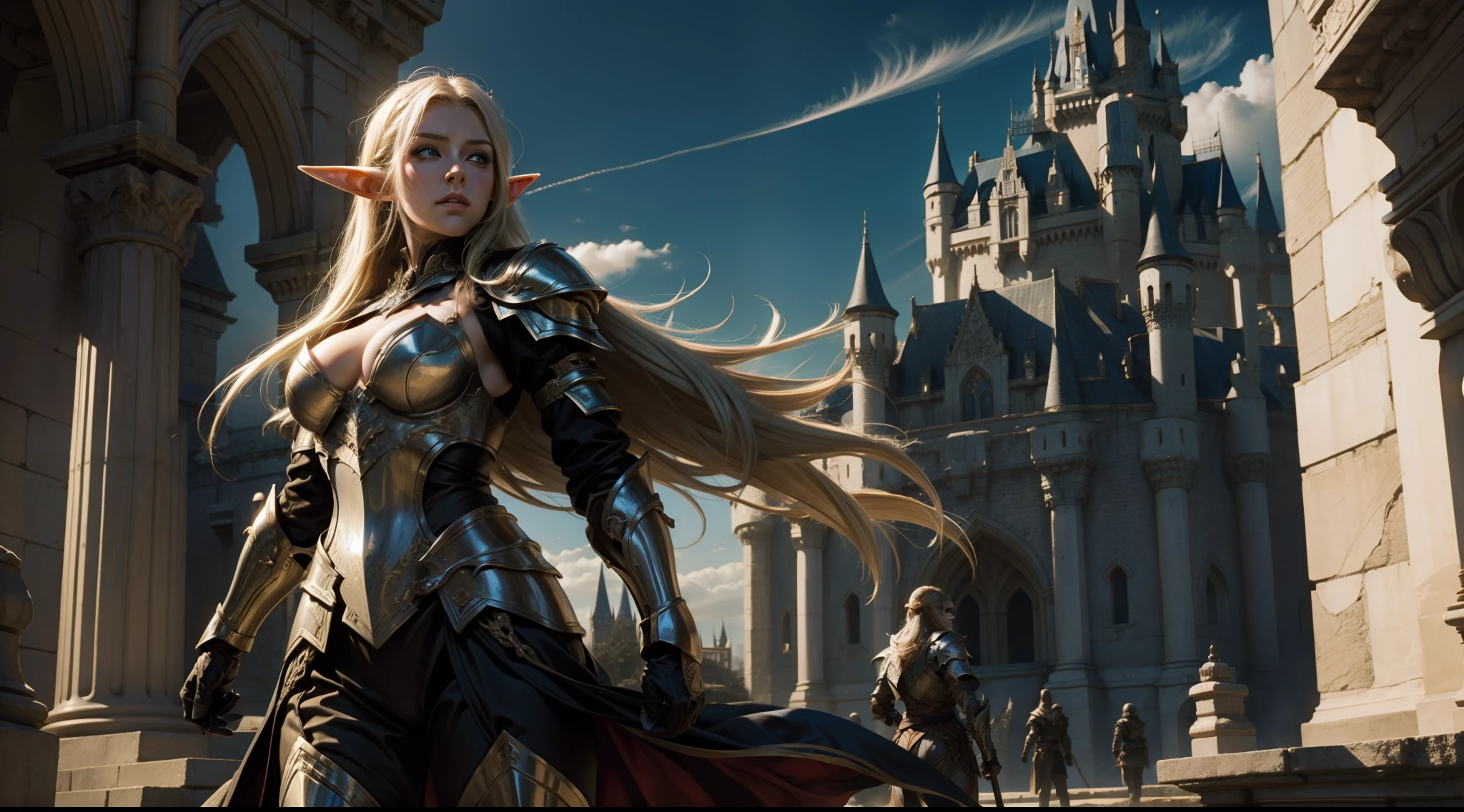 Female elf,Large breasts,Light armor,dramatics,dynamicposes,The background is the castle
