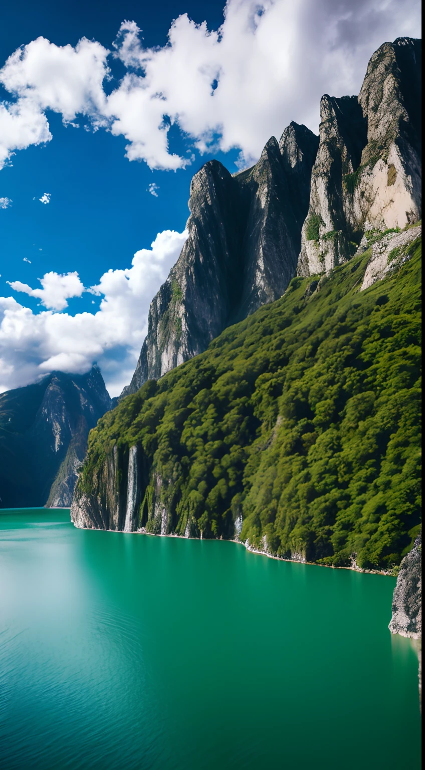 scenery, outdoor, sky, cloud, day, no humans, mountain, panorama, water, tree, blue sky, waterfall, cliff, nature, lake, river, cloudy sky
