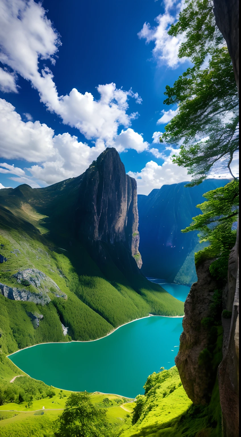 scenery, outdoor, sky, cloud, day, no humans, mountain, panorama, water, tree, blue sky, waterfall, cliff, nature, lake, river, cloudy sky