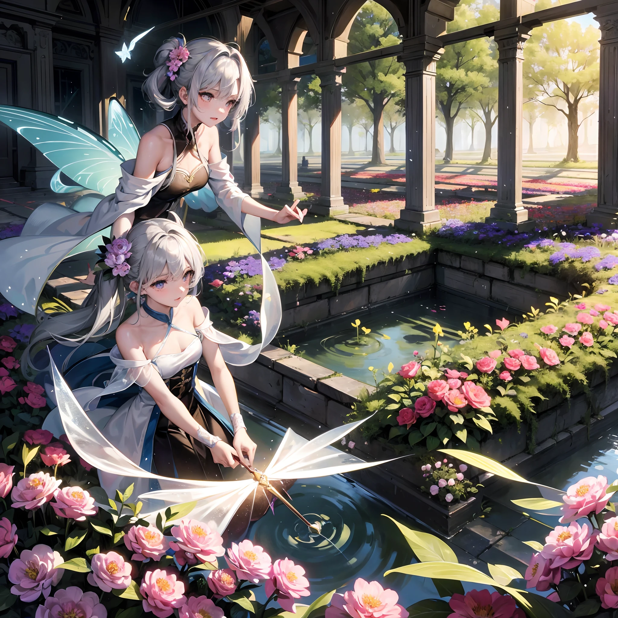 ，masterpiece, best quality，8k, ultra highres，At dusk，The flower fairy came to a mysterious ruin。The barren land is overgrown with strangely shaped plants，It gives people an inexplicable sense of weirdness。The flower fairy looked up，I saw a bright moon hanging in the sky，Gives off a soft silver glow。She flicked her magic wand，A brilliant light emanated from her hand。 The light shrouded the entire ruins，Suddenly，The flowers in the ruins have awakened from their dryness，Beautiful flowers bloom again。meanwhile，A flock of butterflies flew in from all directions，Cut a beautiful arc in the air。Under the guidance of the flower fairy，The ruins were transformed into a garden full of flowers，Exudes a fragrant aroma。