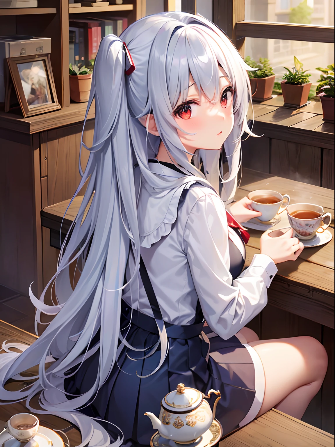 Best Quality, ultra-detailliert, Illustration, silber hair, Aimei,,embarrassed from，red blush，scratching your head，The long-haired，cute  face，beutiful breast，turned around，Suspender Skirt，long-sleeve，Dark blue skirt，neck tie，Close，Angle to show off breasts，look up to，finely detail，a chair、Sit up，tea shop，tea cup，a desk