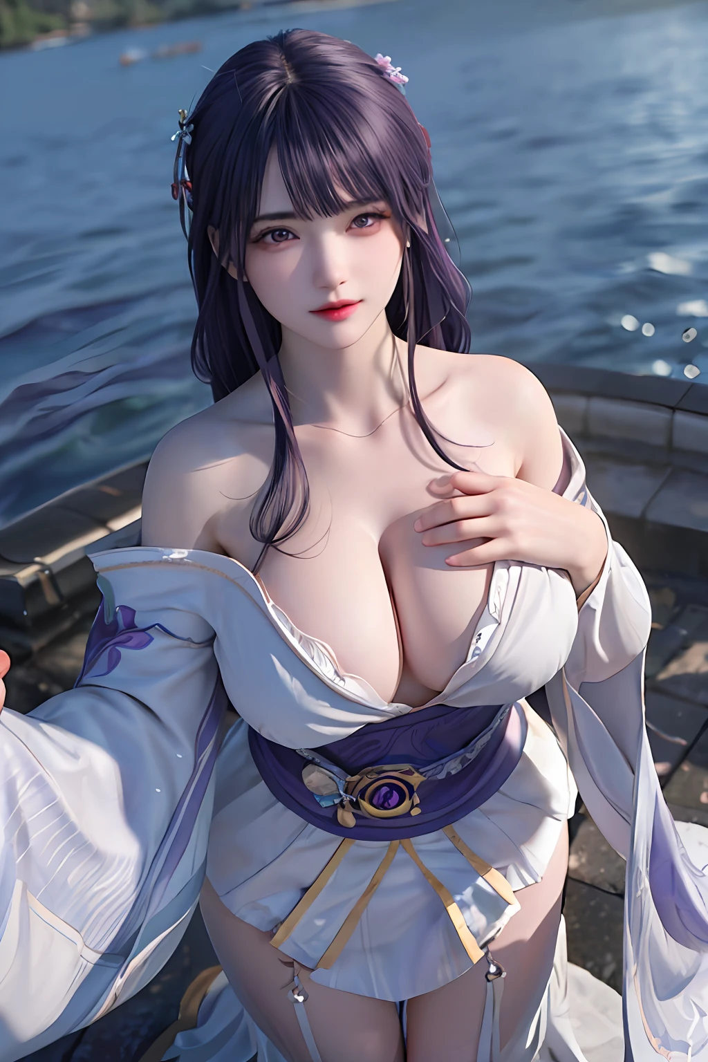 delicated best quality ,masterpiece, illustration, an extremely delicate and beautiful, extremely detailed ,CG ,unity ,8k wallpaper, Amazing, finely detail, masterpiece,best quality,official art,extremely detailed CG unity 8k wallpaper,absurdres, incredibly absurdres, huge filesize , ultra-detailed, highres, extremely detailed,beautiful detailed girl, extremely detailed eyes and face, beautiful detailed eyes,light on face,1girl, (raiden shogun/genshin impact), (Super realistic), ((( purple hair))), (low ponytail braided hair), (purple eyes), (Detailed description of the eye), ((jewelry)), (slave necklace), (((describe the arm in detail))), (((Super boobs))), ((Big ass)), ((thighs)), ((Plump body)), (Big breasts), ((Plump boobs)),, (detailed description of hair), jewelry, (gem earrings), ((upper body)), (Bare shoulder), ((collarbone)), ((offshoulder)), (Shiny skin), (Detailed description of eyes), (detailed description of face), (detailed description of body), (white and translucent skin), peerless beauty, (extreme beauty), (red lips), (shy ), ( smile), (facing the viewer), ((facing)), (((cherry blossom))), (falling petal), ((kimono)), ((long sleeves)), ((wide sleeves)), ((sea)), (Japanese Shinto Shrine), (Diving), (lying on the sea surface), the water surface is reflective, (any pose), (((soaked))), ((girl submerged in water)), ((There is a lot of water on the body))