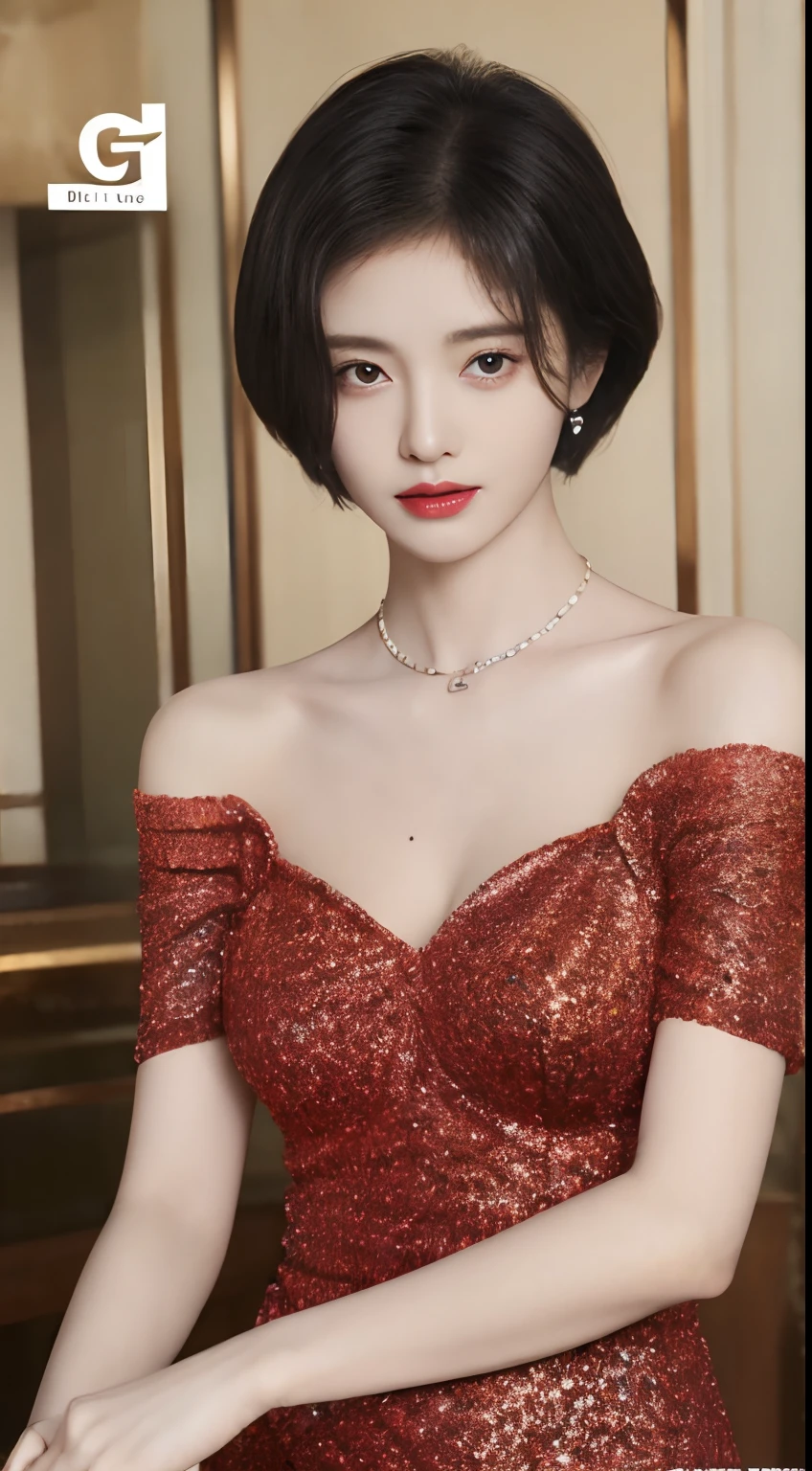 8K quality、Top image quality、超A high resolution、tmasterpiece、Photorealsitic、1 girl in、tense look、Fashionable makeup、bob-cut、(((Red off-the-shoulder dress)))、A sexy girl、ciinematic light、The protagonist、disarray、Super slender、(G-cup)、((Do not wear underwear))、in crowd、The number of people who are about to be crushed、vibrancy、a necklace、MagazineCover、Focus only on the protagonist、The most beautiful shape in the world、closeup cleavage