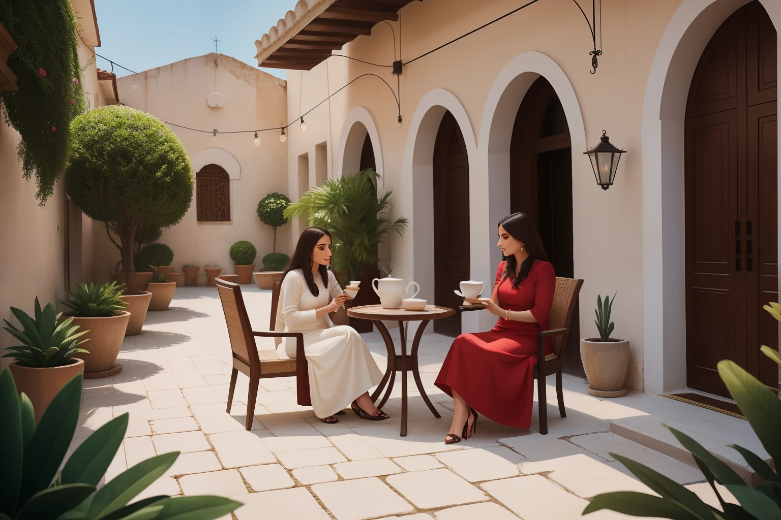 Date: 2020
Country: Albania
Description: In a tranquil Albanian courtyard cafe, an adult Albanian woman, dressed elegantly in modern yet traditional attire, enjoys a cup of coffee with a friend. The courtyard is adorned with potted plants and intricate mosaic patterns, casting intricate shadows in the soft daylight. The gentle clinking of cups and the low hum of conversation create an atmosphere of refined sophistication, embodying the essence of upper-middle-class Albanian life.