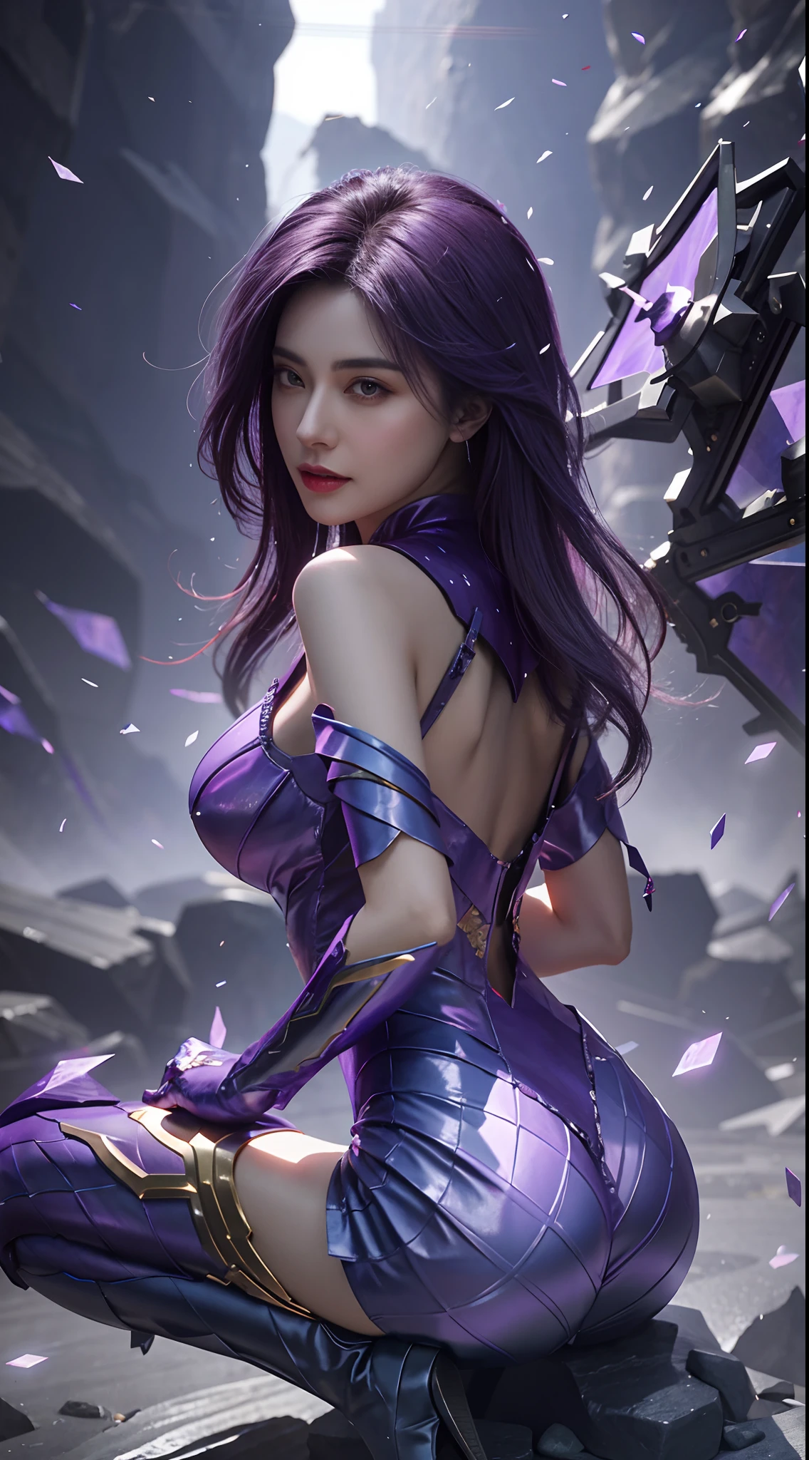 An Arad woman in a purple dress kneels on a rock, Extremely detailed Artgerm, by Yang J, chengwei pan on artstation, Fanart Meilleure ArtStation, IG model | Art germ, 2. 5 D CGI anime fantasy artwork, Style Artgerm, Fantasy art style, digital fantasy art ), 8K high quality detailed art,Look at the camera seductively