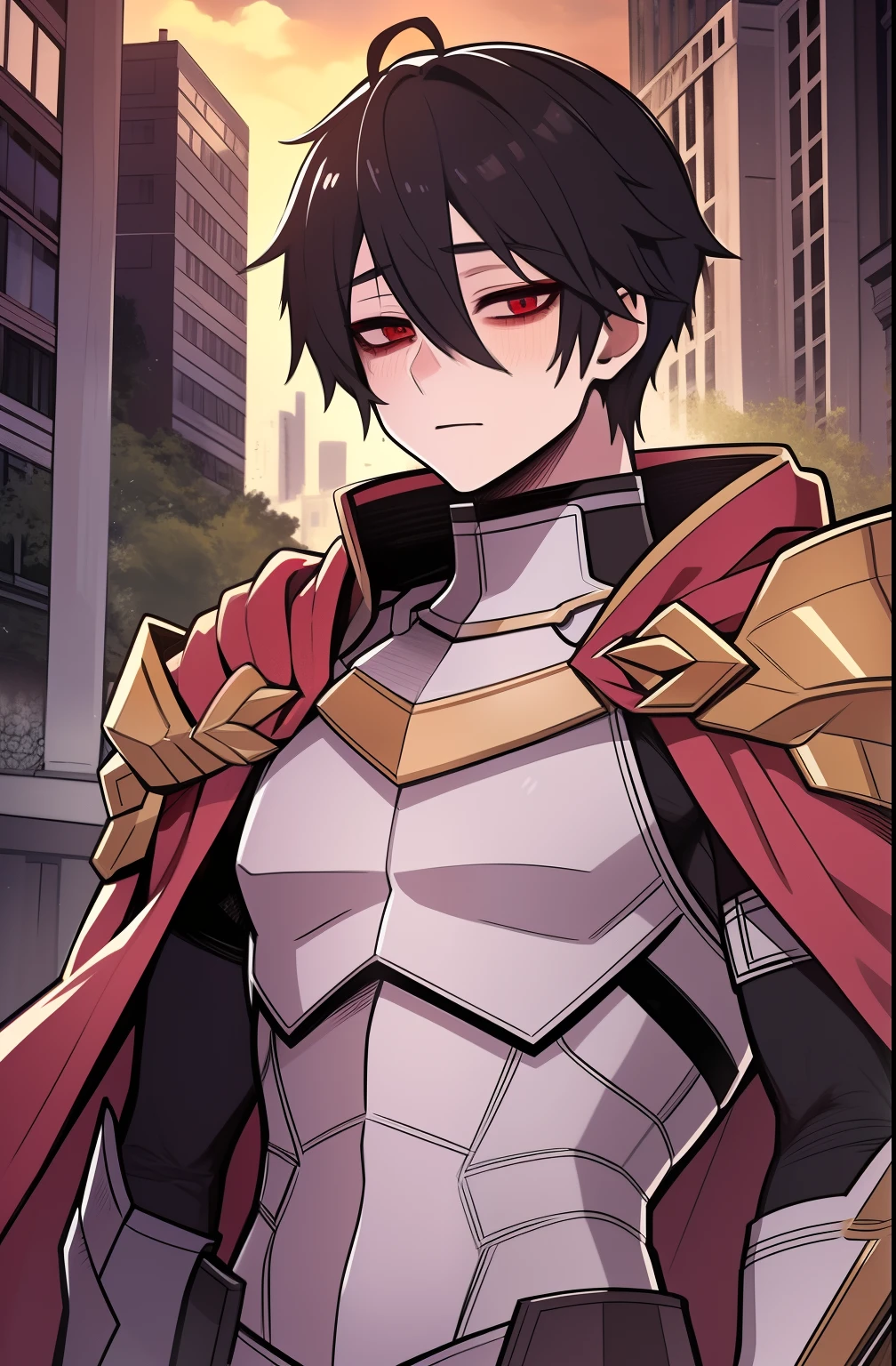 hight resolution, sharp-focus, pixiv masterpiece, ((intricate details)), Highly detailed, 1boy, upper-body, Kim_Minsu, bronya, red cape, red eyes, black hair, pauldrons, bags under eyes, City, shoulder armor,