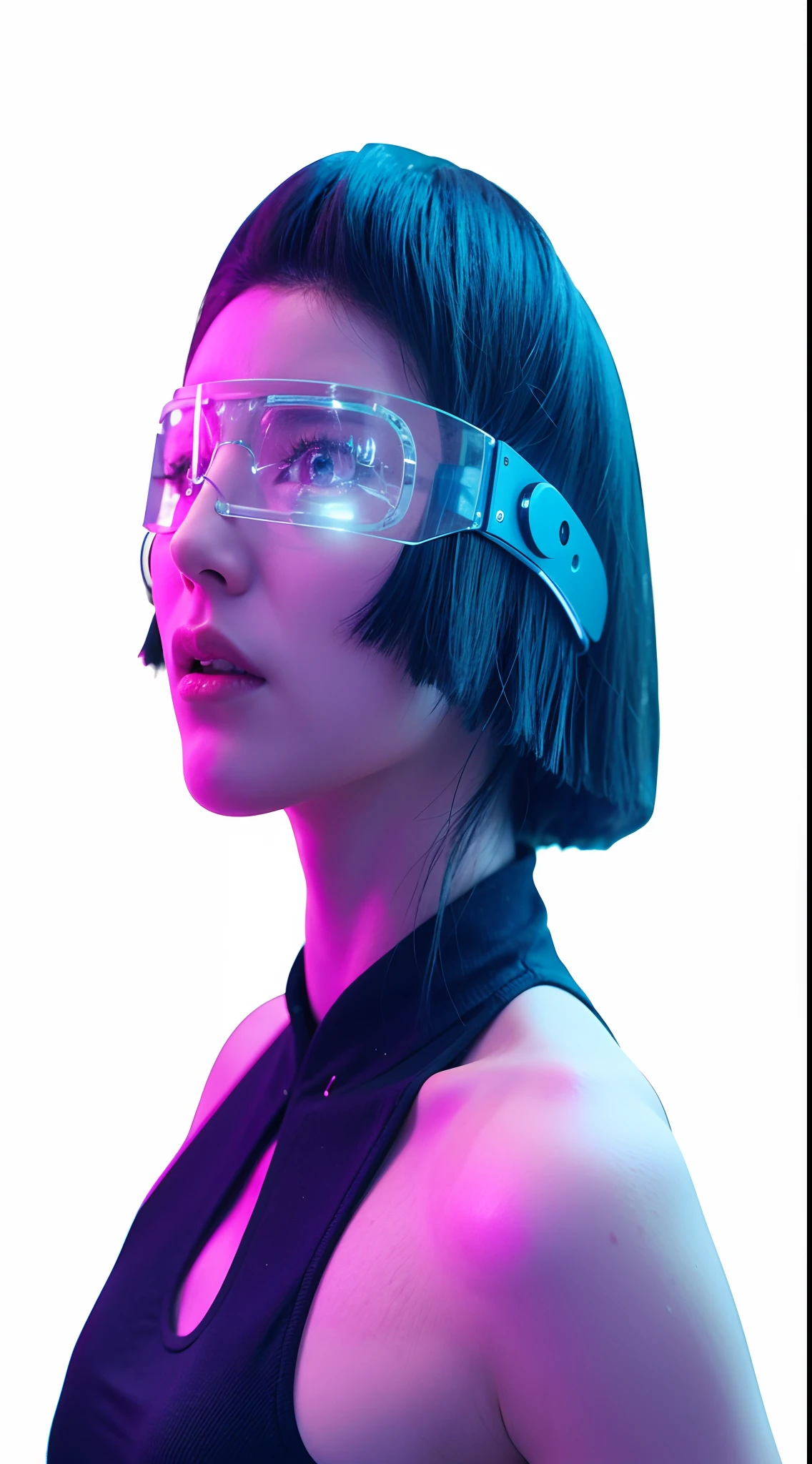 There is a woman wearing a futuristic headdress and glasses, cyberpunk eye wear, cyber punk style, wearing futuristic, Futuristic look, in cyberpunk aesthetic, the cyberpunk girl portrait, Futuristic, futuristic glasses lenses, glass oled mecha visor, cyberpunk look, Cyberpunk Style, ( Cyberpunk ), cyberpunk portrait, has cyberpunk style, dreamy cyberpunk girl, cyberpunk futuristic, oled visor over eyes，the doctor