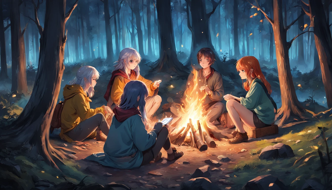 Three people sitting around a campfire in the forest, Cozy night fireflies, Fantasy Painting HD, Cozy enchanted scene, fantasy scene, background illustration, realistic fantasy painting, Magical atmosphere, at a campfire in the forest, Relaxing concept art, Wide-angle fantasy art, realistic fantasy illustration, fantasy atmospheric lighting, hd fantasy art, Campfire background, Beautiful fantasy picture, Breathtaking backstory, The effect of presence, Particles of magic, 3D-эффект, Ultra HD, SGI, super detaill, ccurate, Best Quality, 16k, UHD, ccurate, anatomically correct, High Details, hight resolution, Beautiful, anatomically correct, extra high resolution, (photo-realistic: 1,4), 8K resolution, ..3d, ........CGI, voluminous lighting, beste-Qualit, extra high resolution, (photo-realistic: 1,4), 8K resolution, (Realistic hair: 1,2), (Realistic eyes: 1,2), (beatiful face :1.3), High contrast, 8K, super detaill, ccurate, Best Quality, 16k, (extremely detailed CG unity 8k wallpaper,Masterpiece, Best Quality, Ultra-detailed),(extreamly delicate and beautiful),(Floating),(mysterious),(blue eyes),(Silver hair),(red hair),(purple hair),(yellow hair),(green hair)