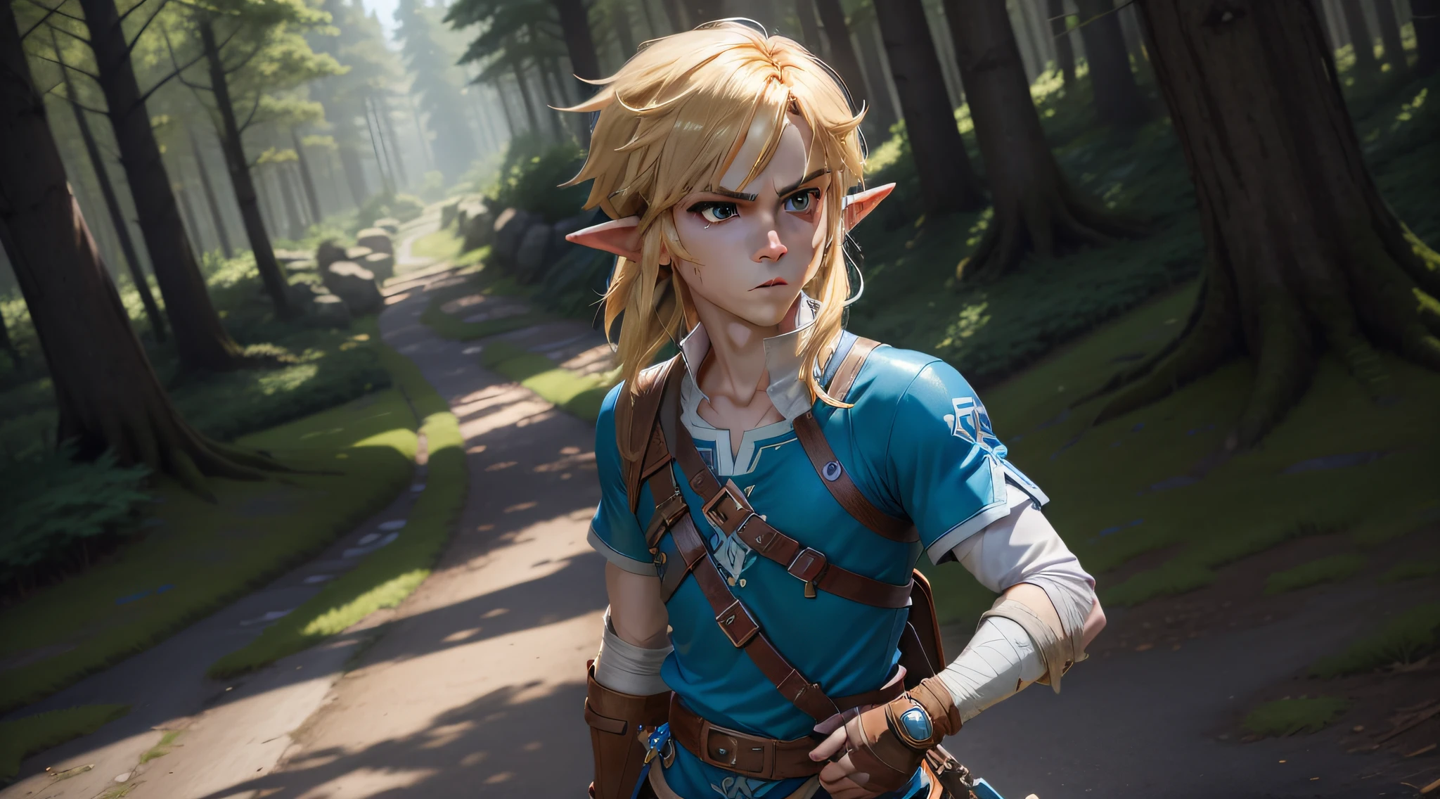 link, legend, blue tunic, botw, hyrule, anime style, cartoon style, blonde, leather gloves, daytime, daylight, afternoon, blue eyes, big eyes, serious, anime eyes, round jaw, bandages, windy, male, wounded, dirty, white undershirt, white sleeves, arm sleeve, forest, wide shot, wide angle
