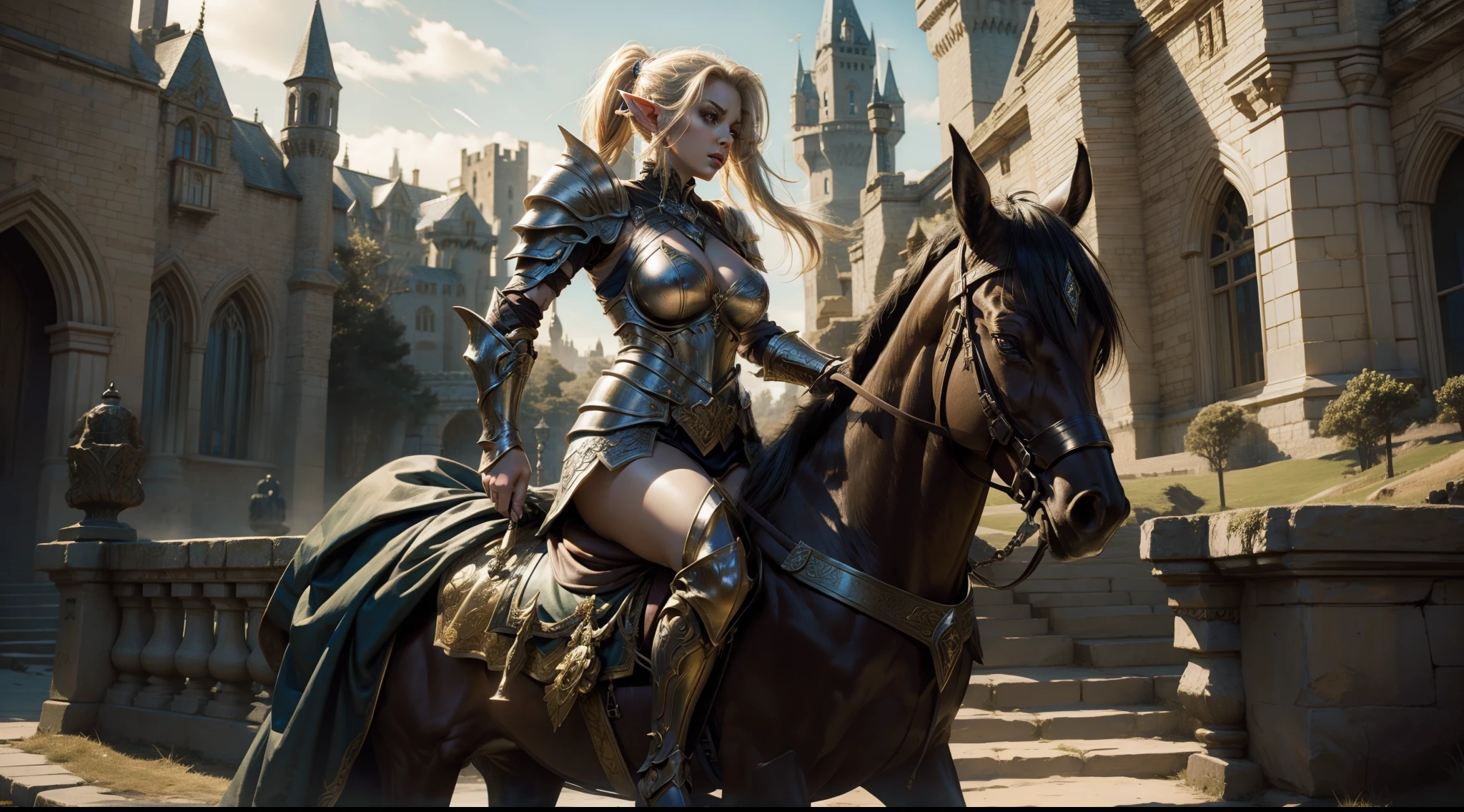 Female elf,Large breasts,Gorgeous armor,dramatics,dynamicposes,The background is the castle