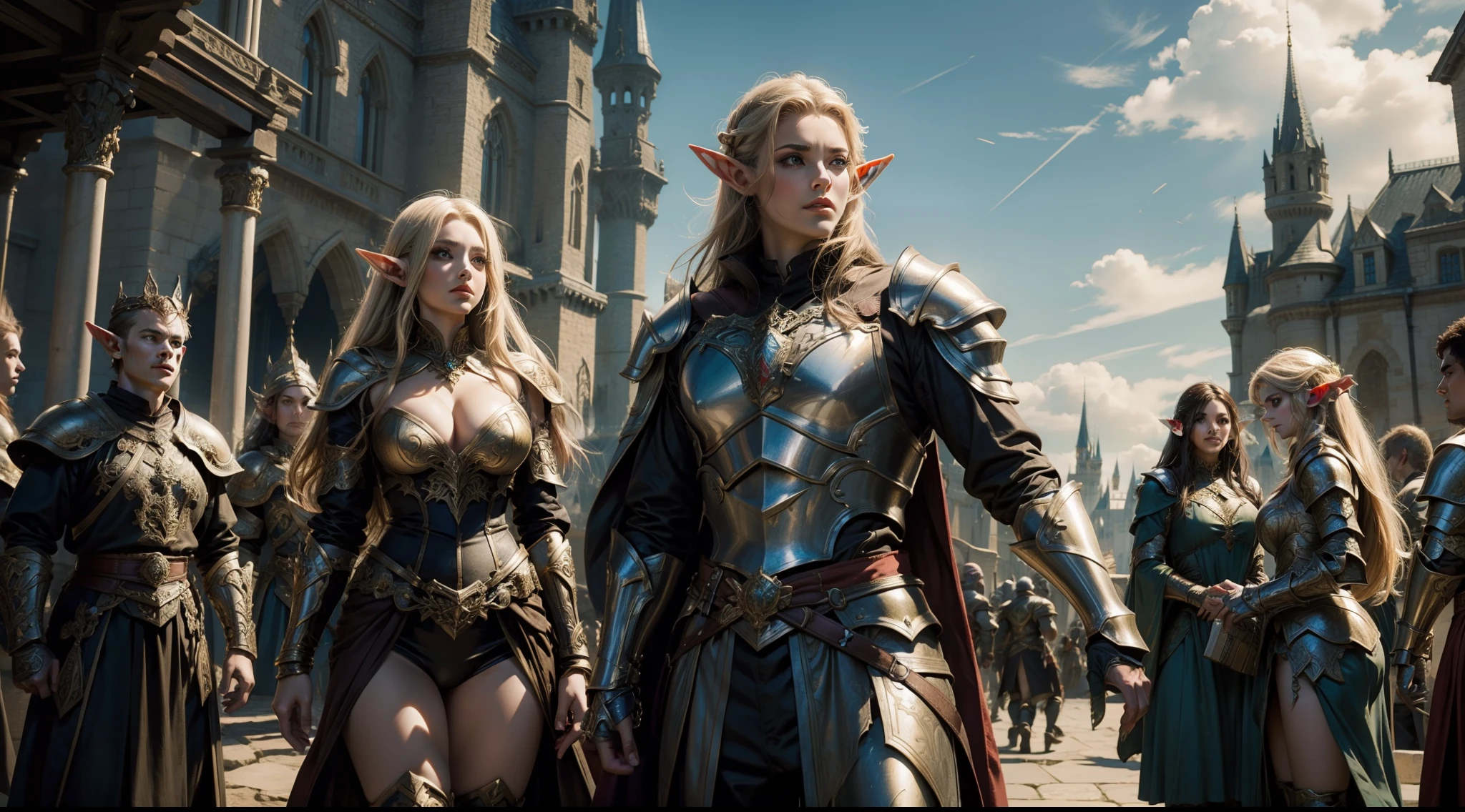 Female elf,Large breasts,Gorgeous armor,dramatics,dynamicposes,The background is the castle