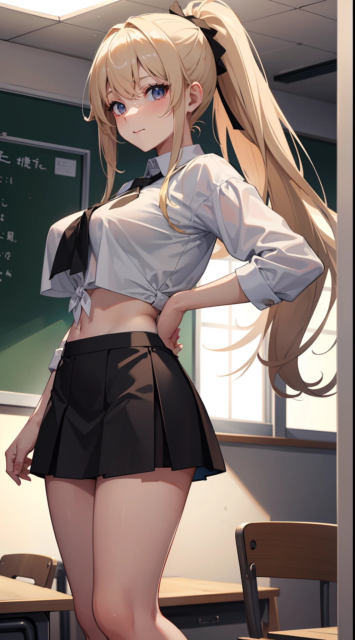 8k, highres, ultra detailed, (masterpiece:1.4), best quality, symmetrical body, a beautiful 18 year old gyaru, (gyaru:1.4), (white tied cropped shirt and short black skirt:1.4), cute, solo, long hair, dark blonde hair, ponytail hairstyle, blue eyes, glow effect, finely eye, detailed face, looking at viewer, smilling at viewer, leaning forward, dominant look, teasing, (seductive look:1.4), big breasts, sun, rim light, classroom (sexy pose:1.4)